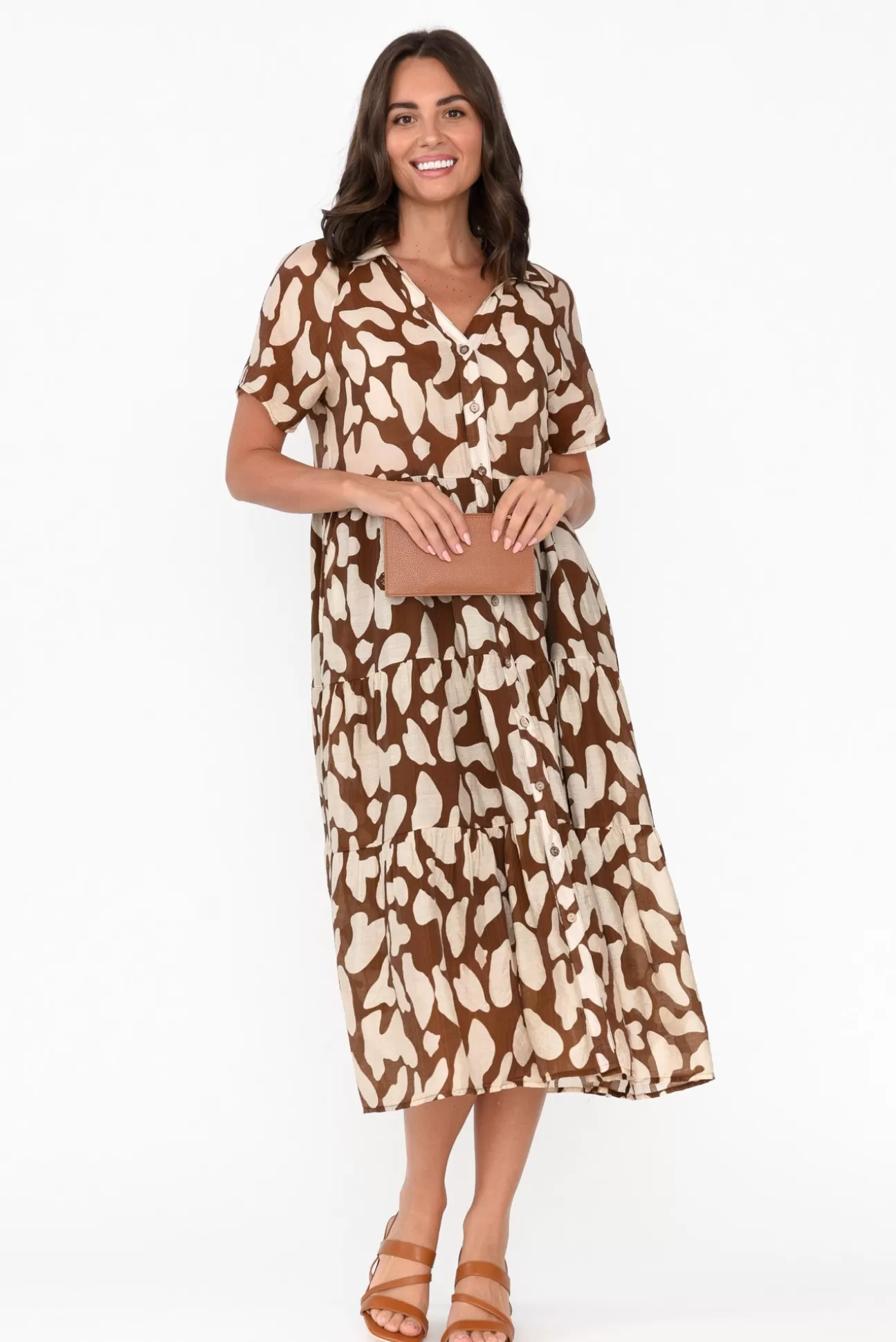 Cali and Co Maelle Brown Abstract Cotton Tier Dress Discount