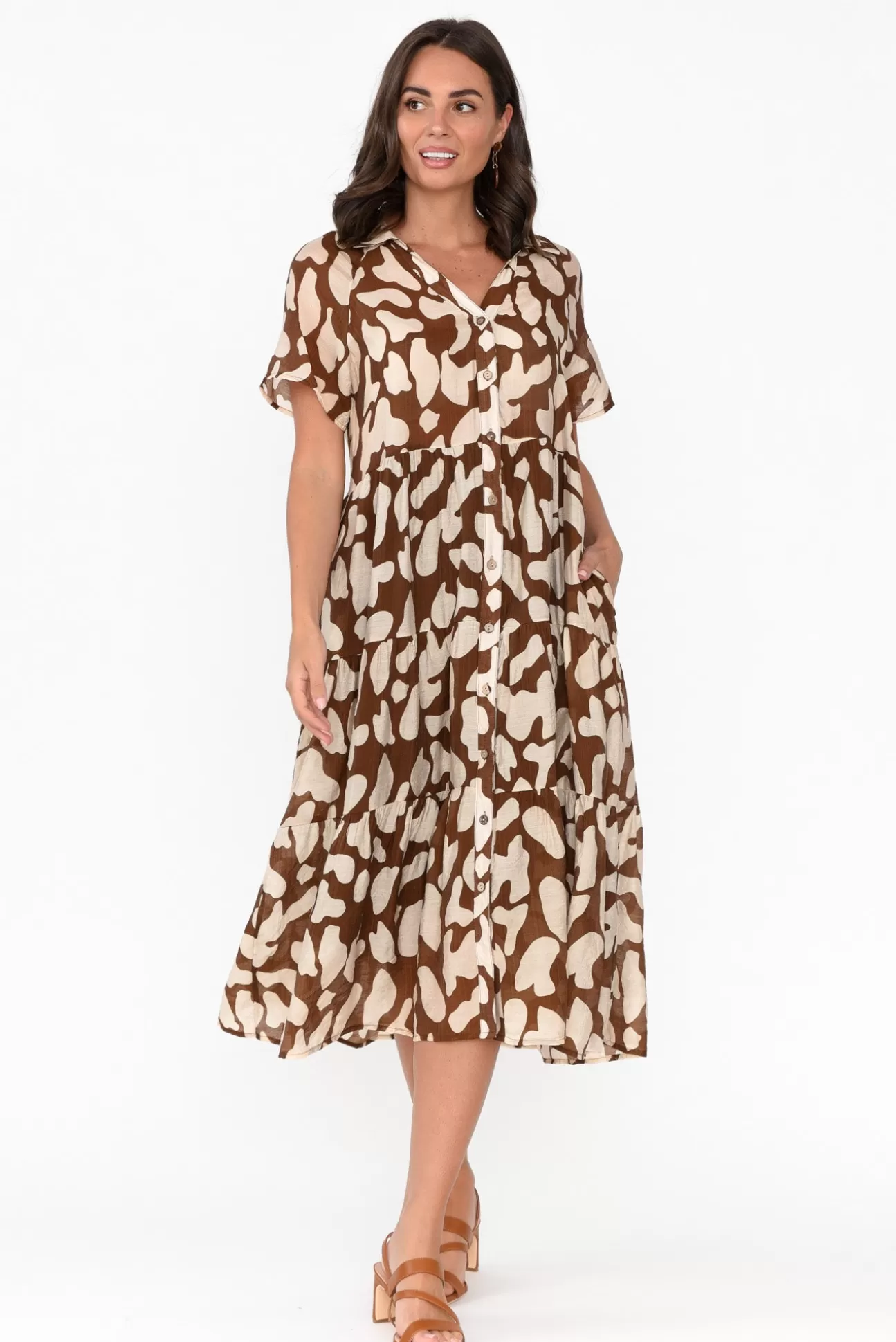 Cali and Co Maelle Brown Abstract Cotton Tier Dress Discount