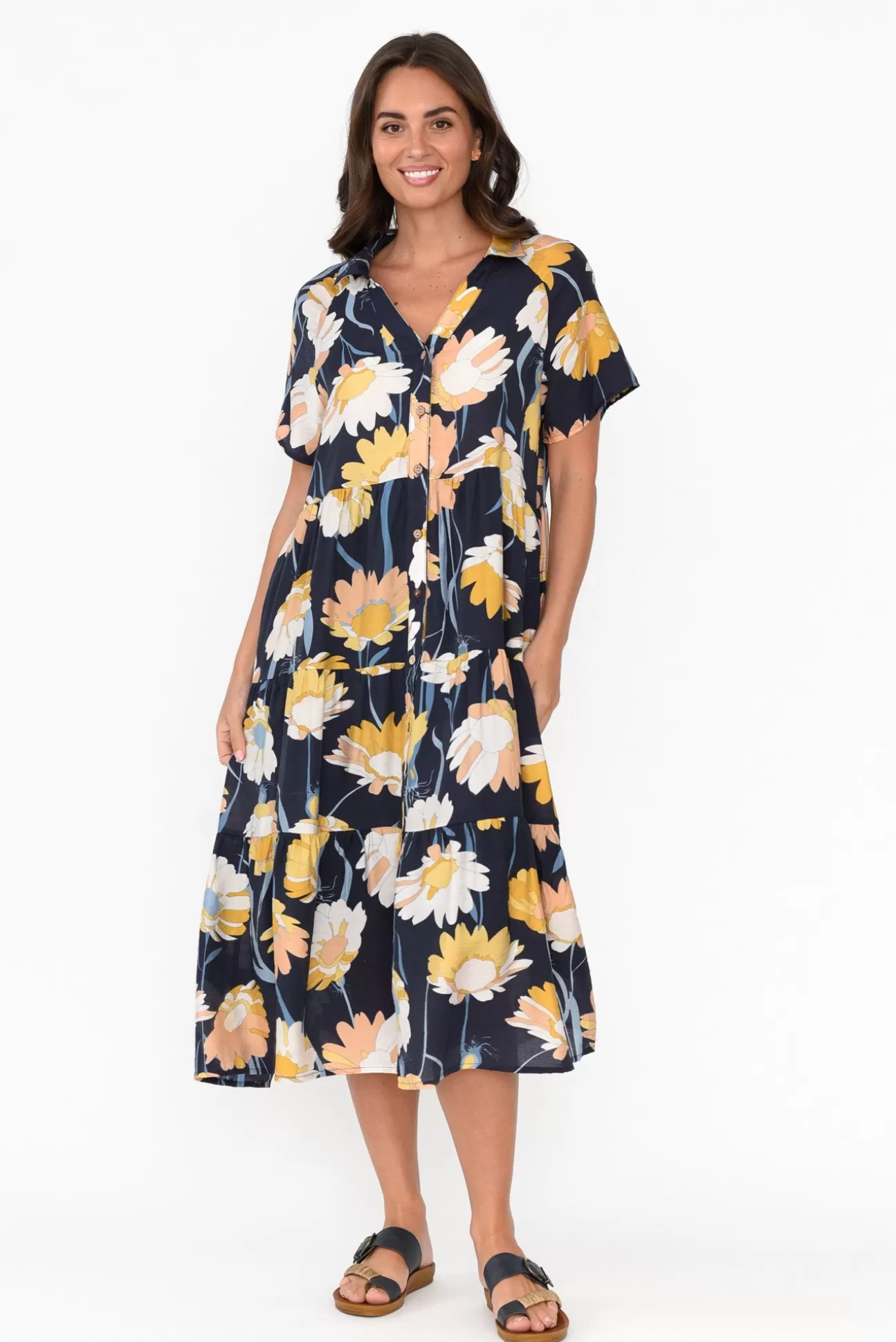 Cali and Co Maelle Navy Flower Cotton Tier Dress Sale