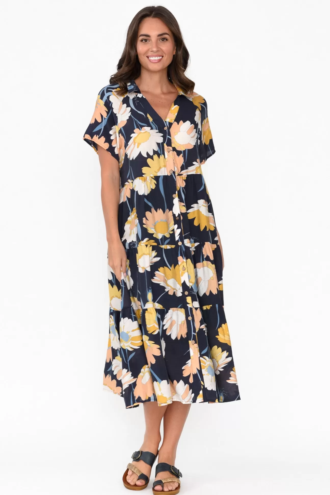 Cali and Co Maelle Navy Flower Cotton Tier Dress Sale