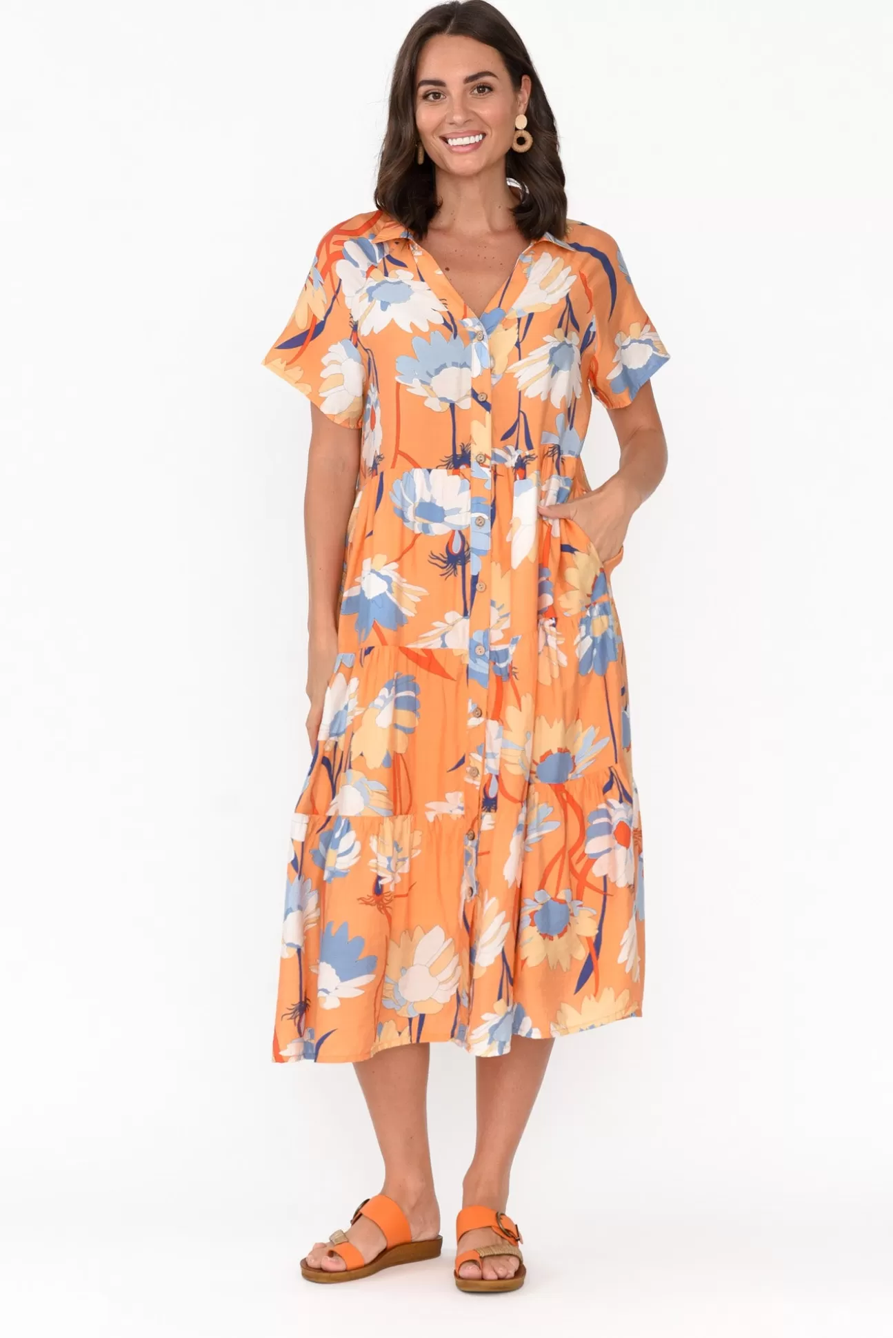 Cali and Co Maelle Orange Flower Cotton Tier Dress Best Sale