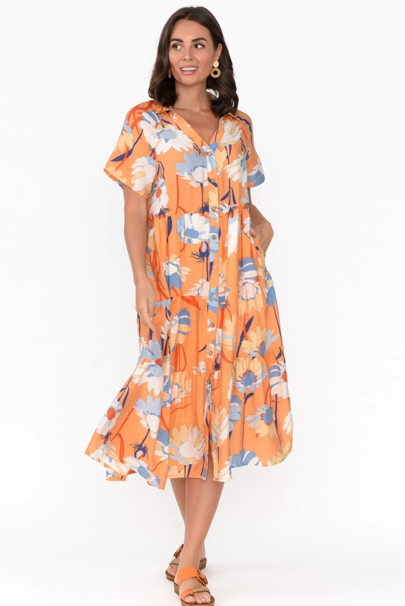 Cali and Co Maelle Orange Flower Cotton Tier Dress Best Sale