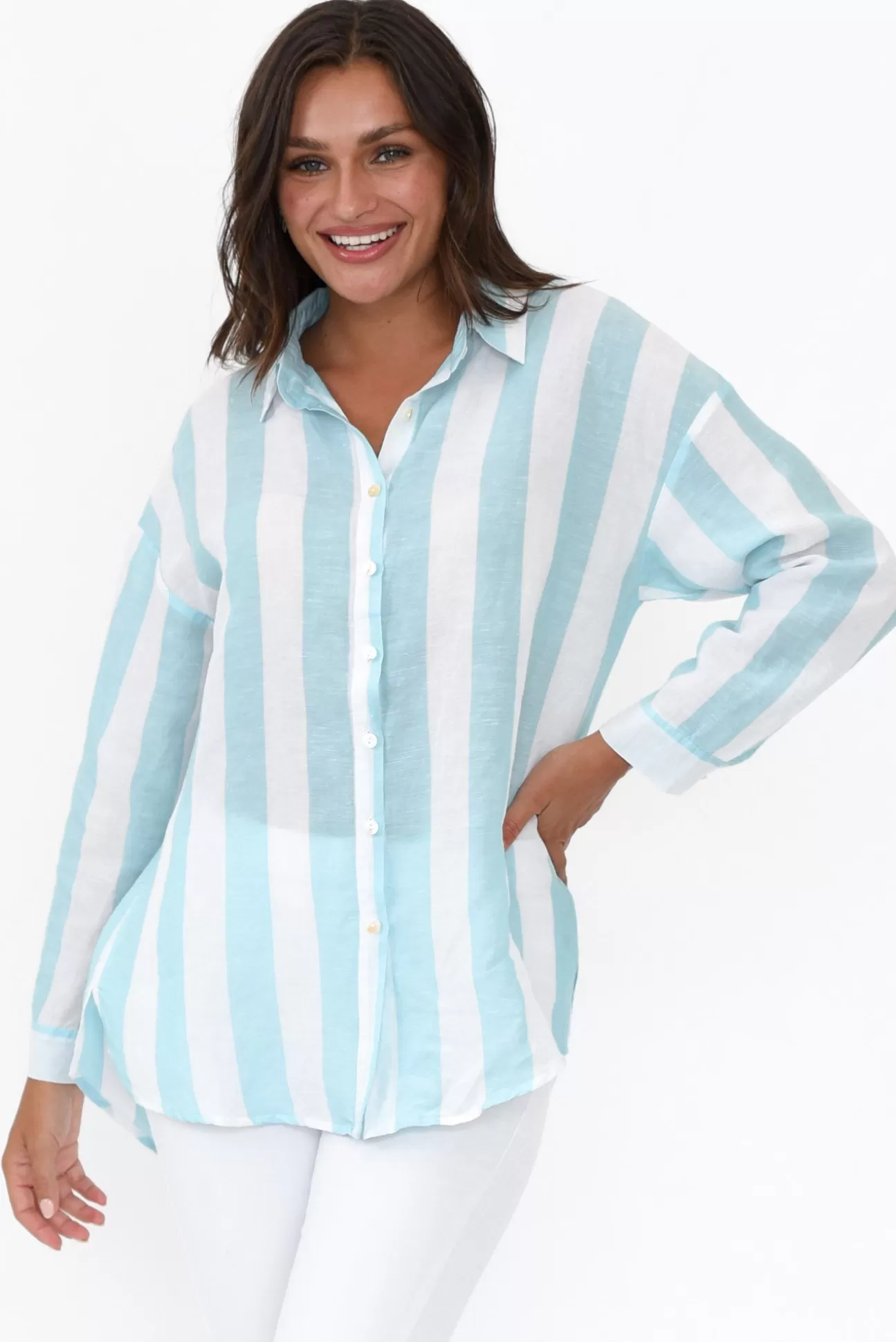 Worthier Maeve Blue Stripe Oversized Linen Shirt New