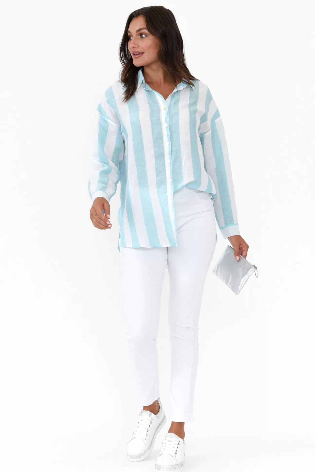 Worthier Maeve Blue Stripe Oversized Linen Shirt New