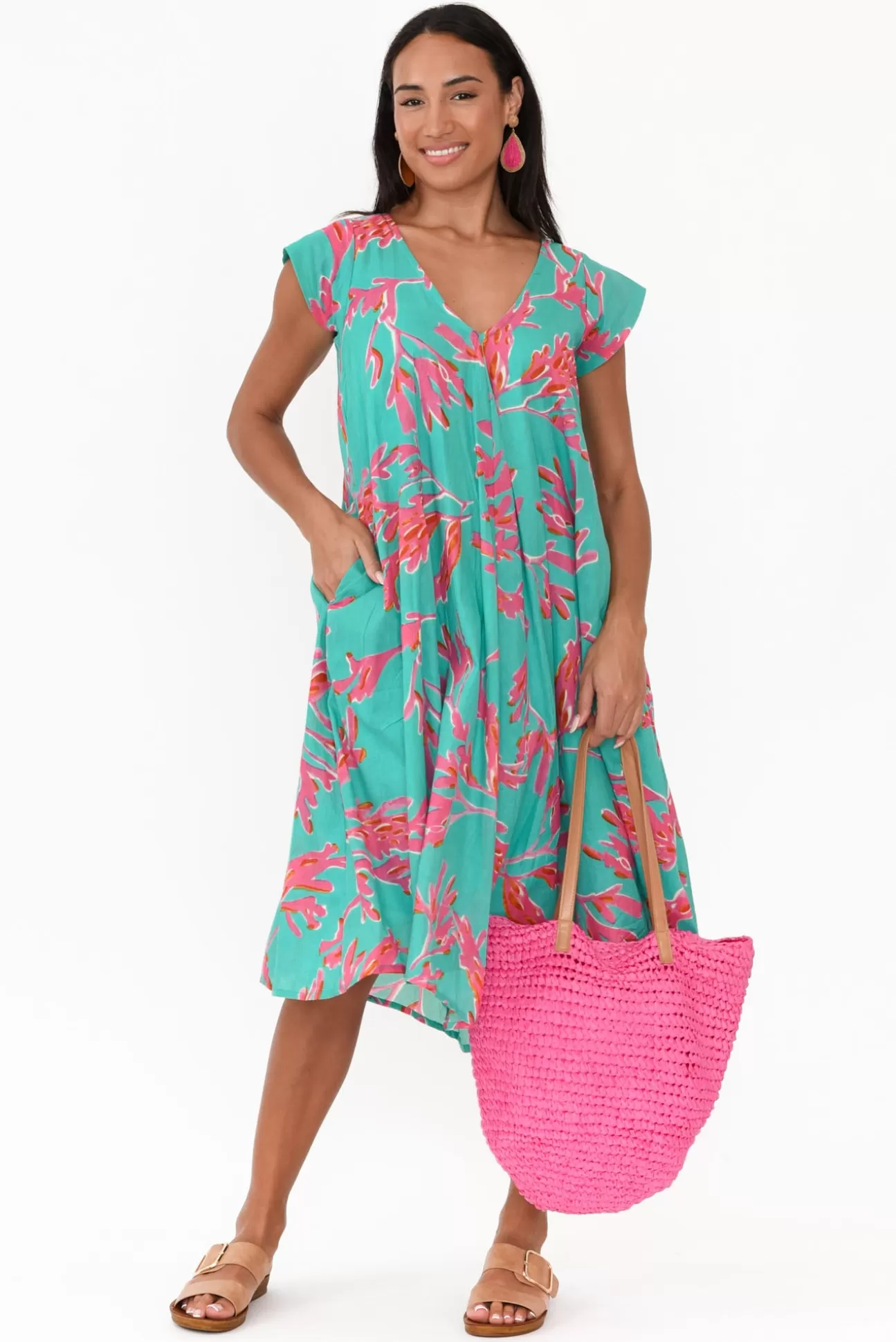 Mozaic Maheno Turquoise Coral Cotton Dress Flash Sale