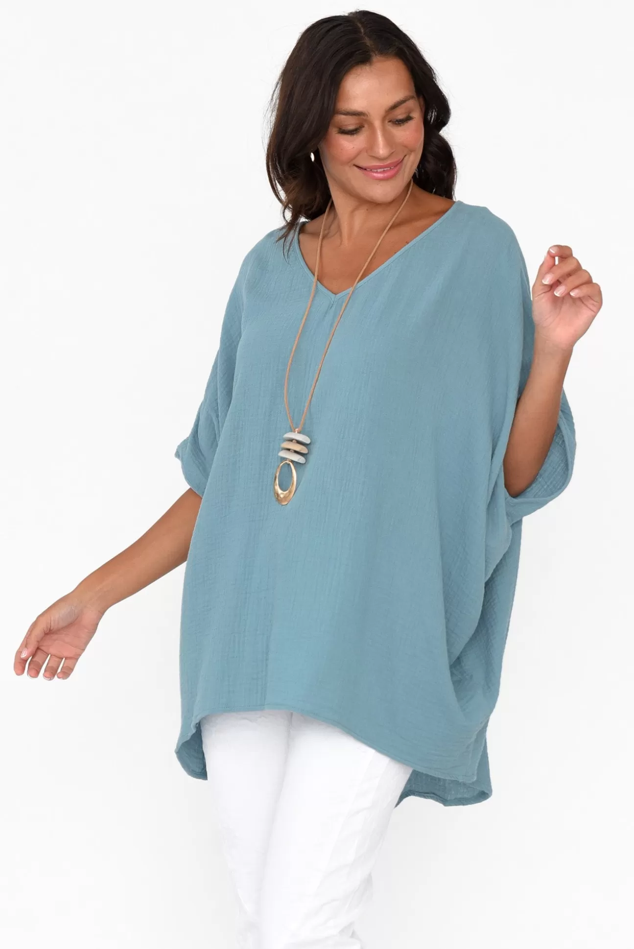 La Mode Maida Blue Cotton V Neck Top Sale