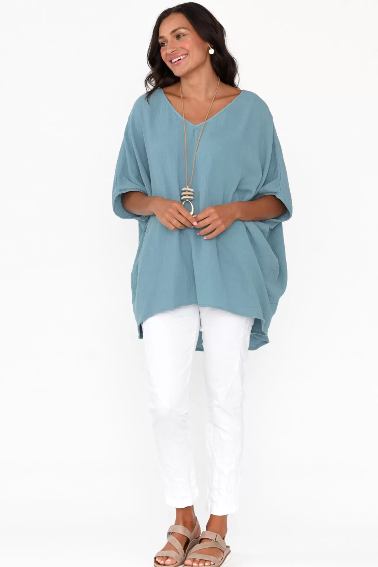 La Mode Maida Blue Cotton V Neck Top Sale