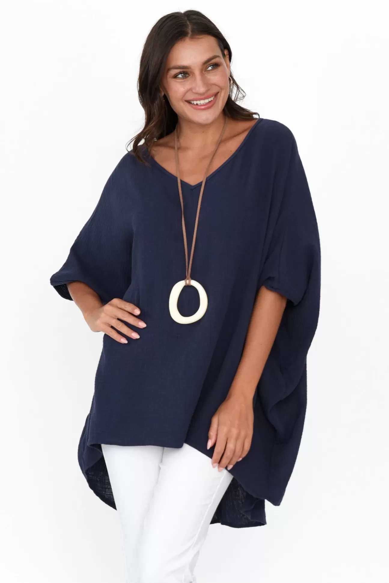 La Mode Maida Navy Cotton V Neck Top Best Sale