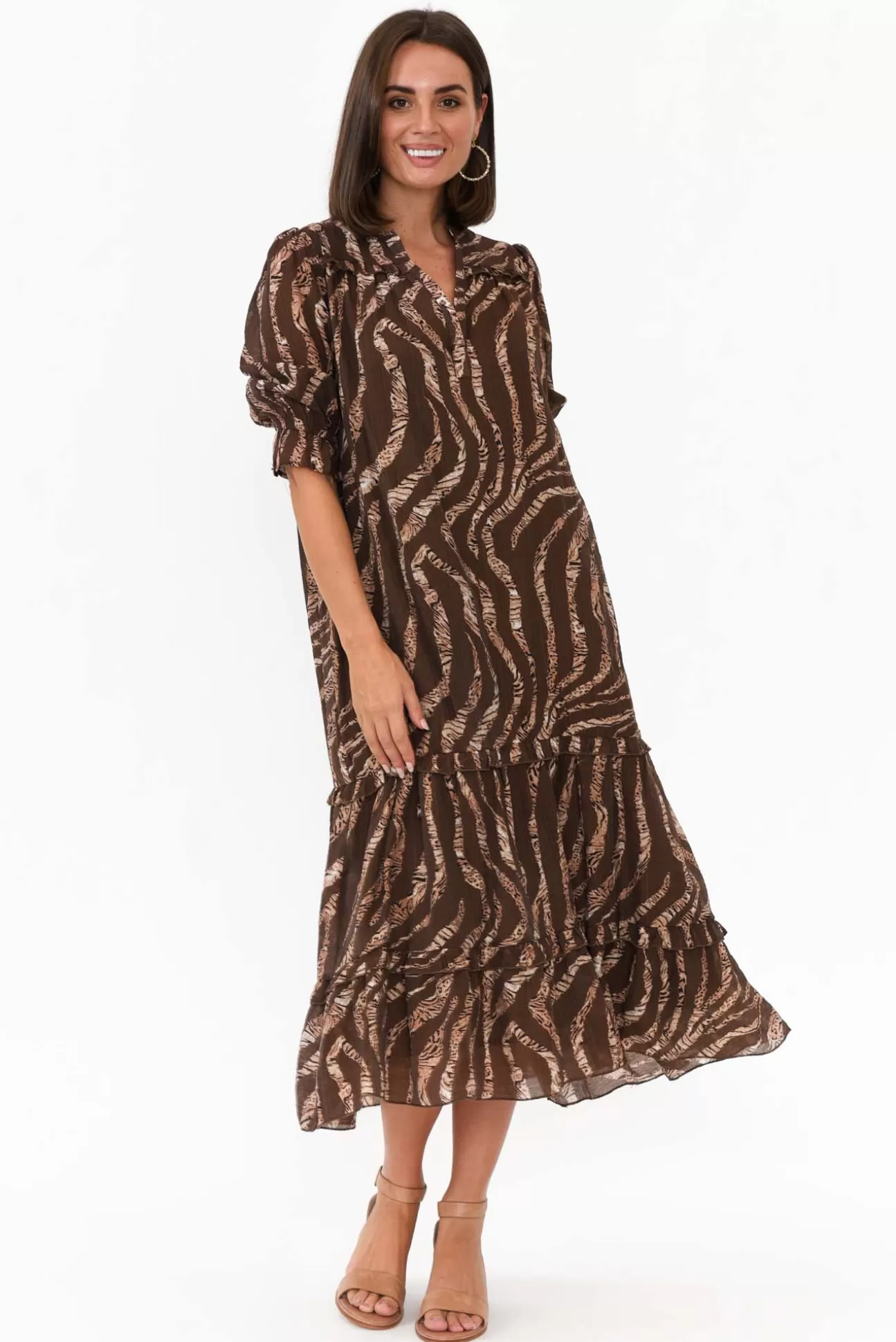 New U Collection Malcolm Brown Leopard Frill Dress Best