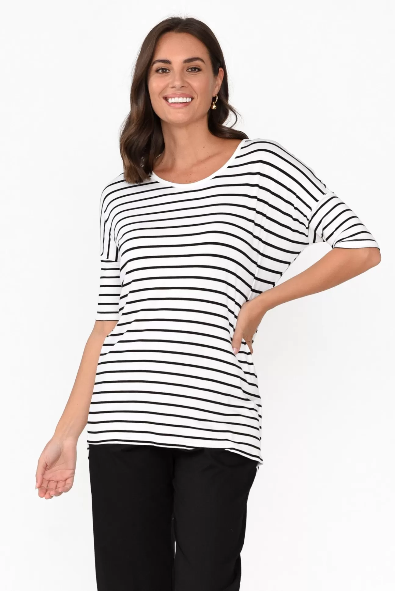 Betty Basics Marbella White Stripe Scoop Neck Tee Cheap