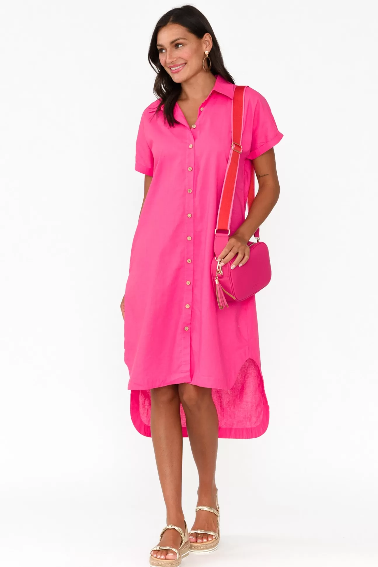 Cali and Co Mareli Hot Pink Linen Blend Dress Discount