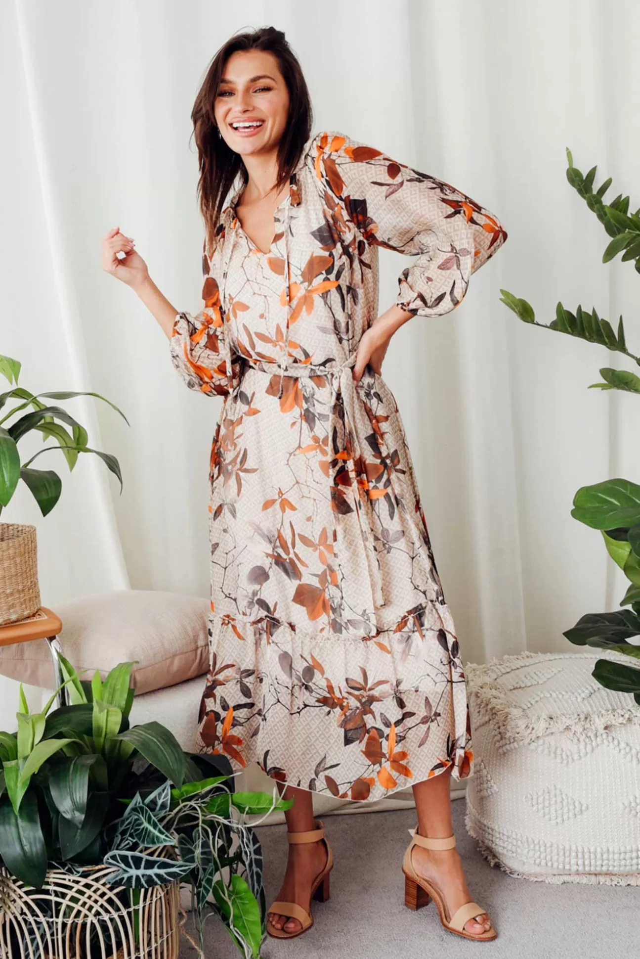 La Strada Margo Rust Leaf Silk Maxi Dress Sale