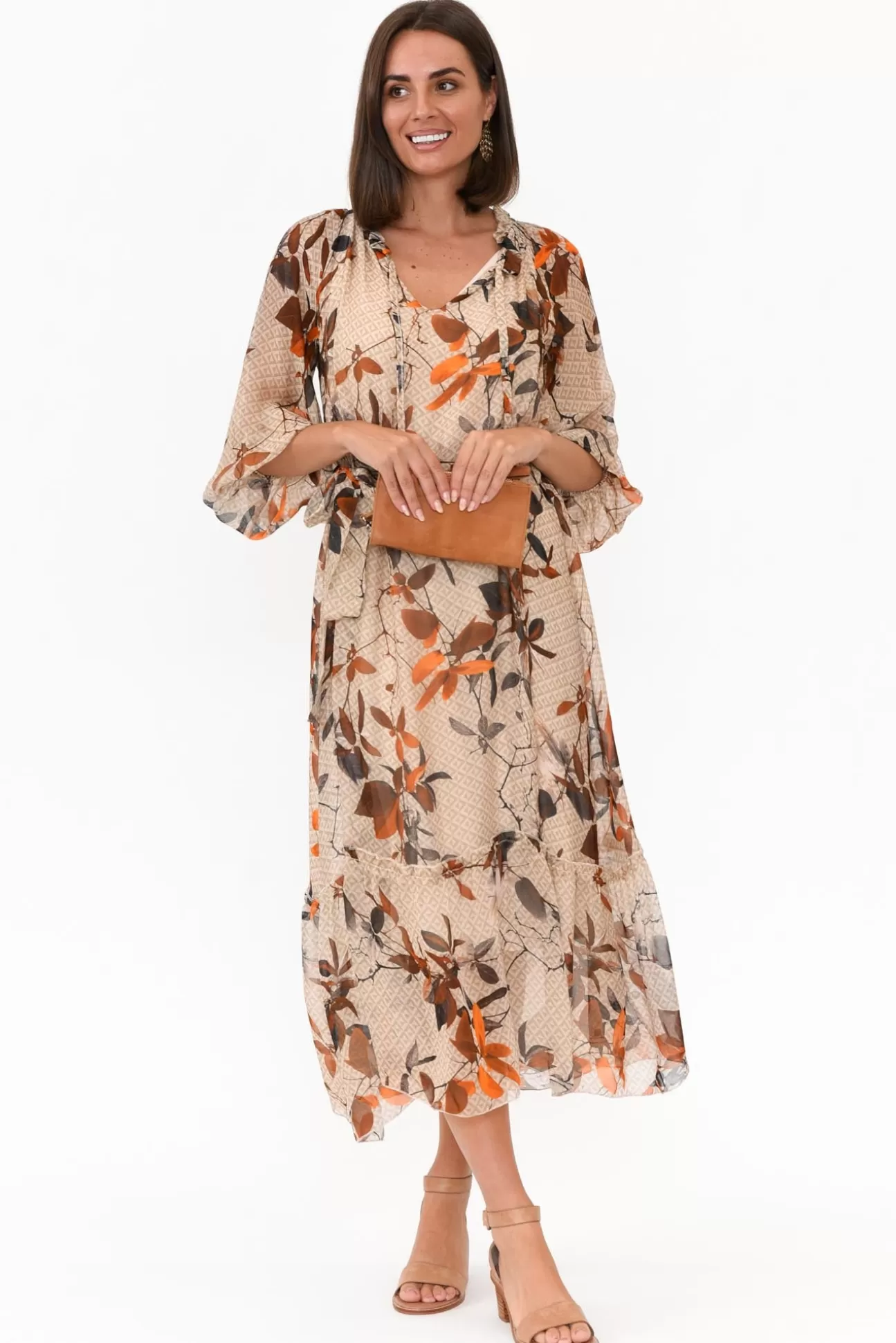 La Strada Margo Rust Leaf Silk Maxi Dress Sale