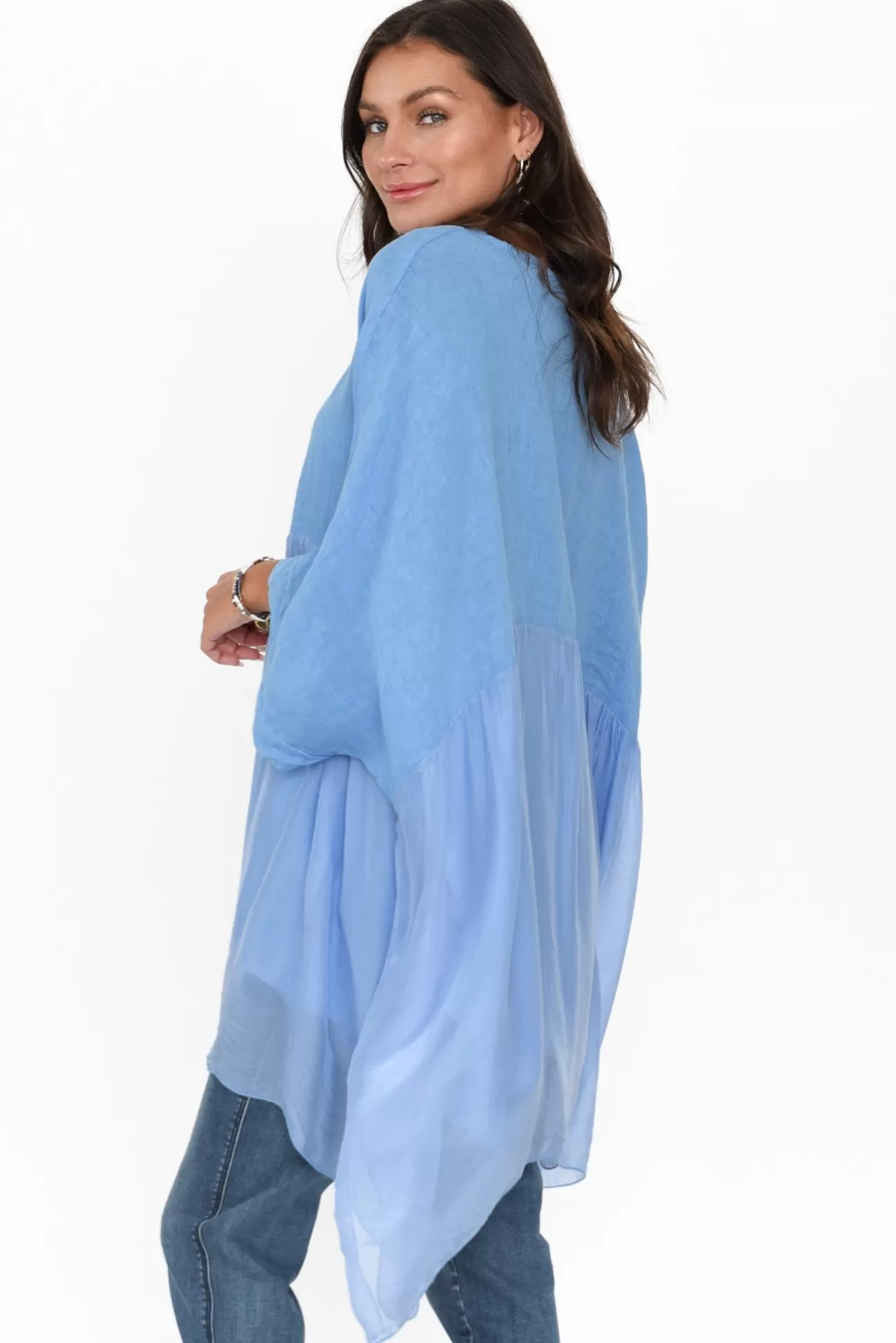 Fabuler Marietta Blue Silk Linen Top Cheap