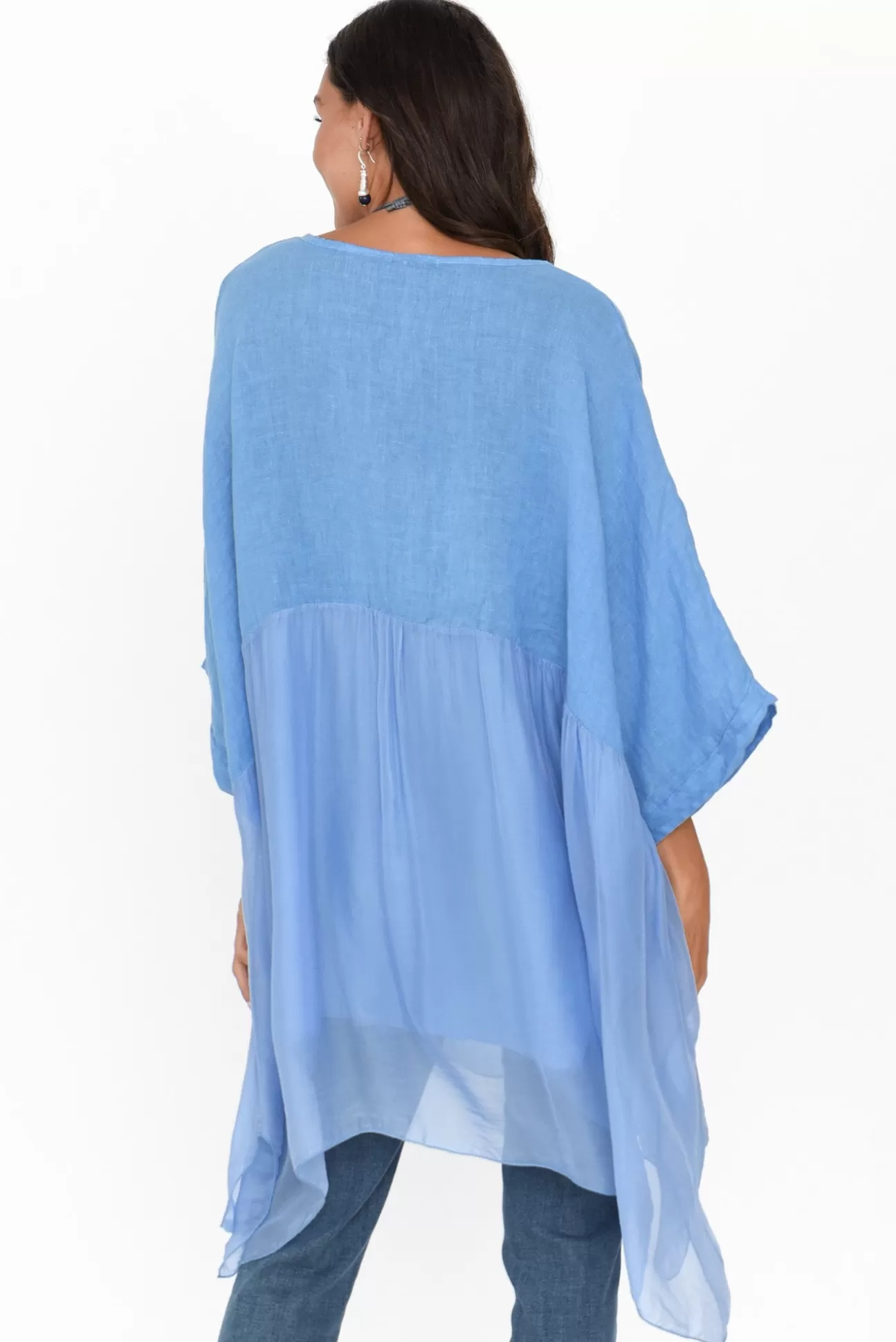 Fabuler Marietta Blue Silk Linen Top Cheap