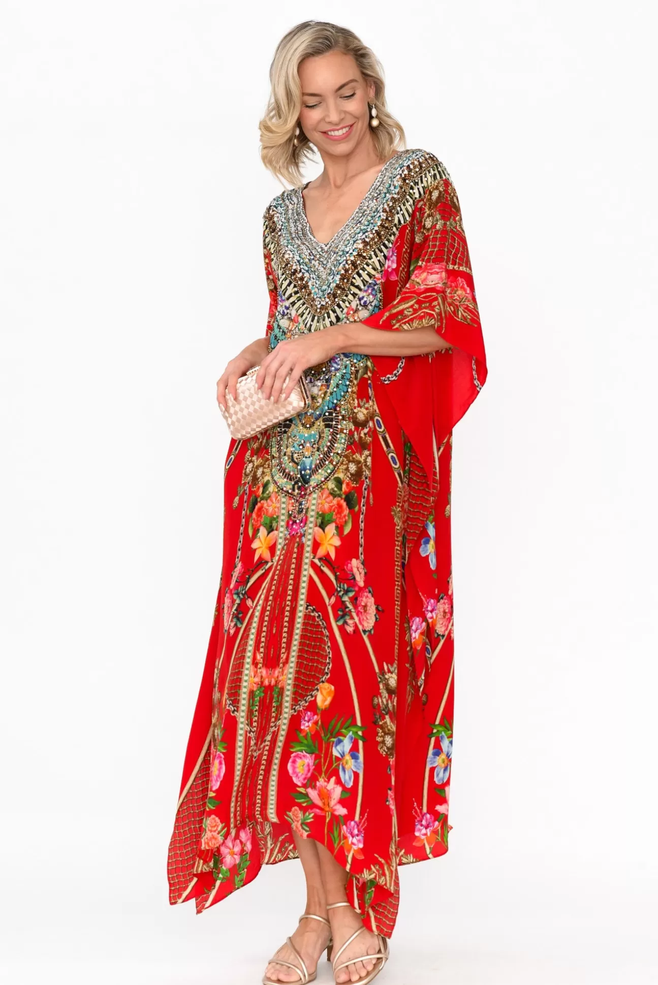 Fashion Spectrum Marigold Red Silk Maxi Kaftan Best