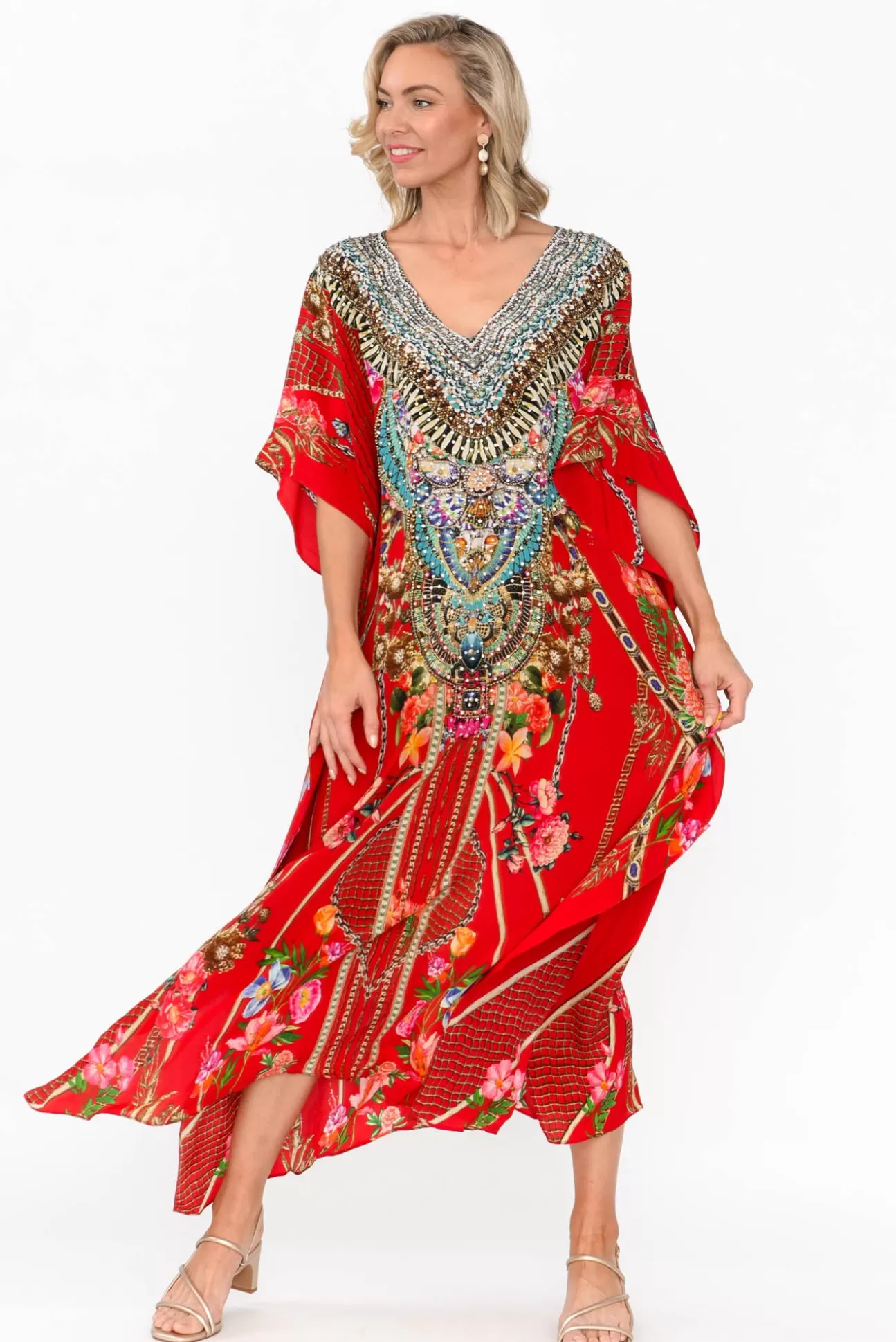 Fashion Spectrum Marigold Red Silk Maxi Kaftan Best