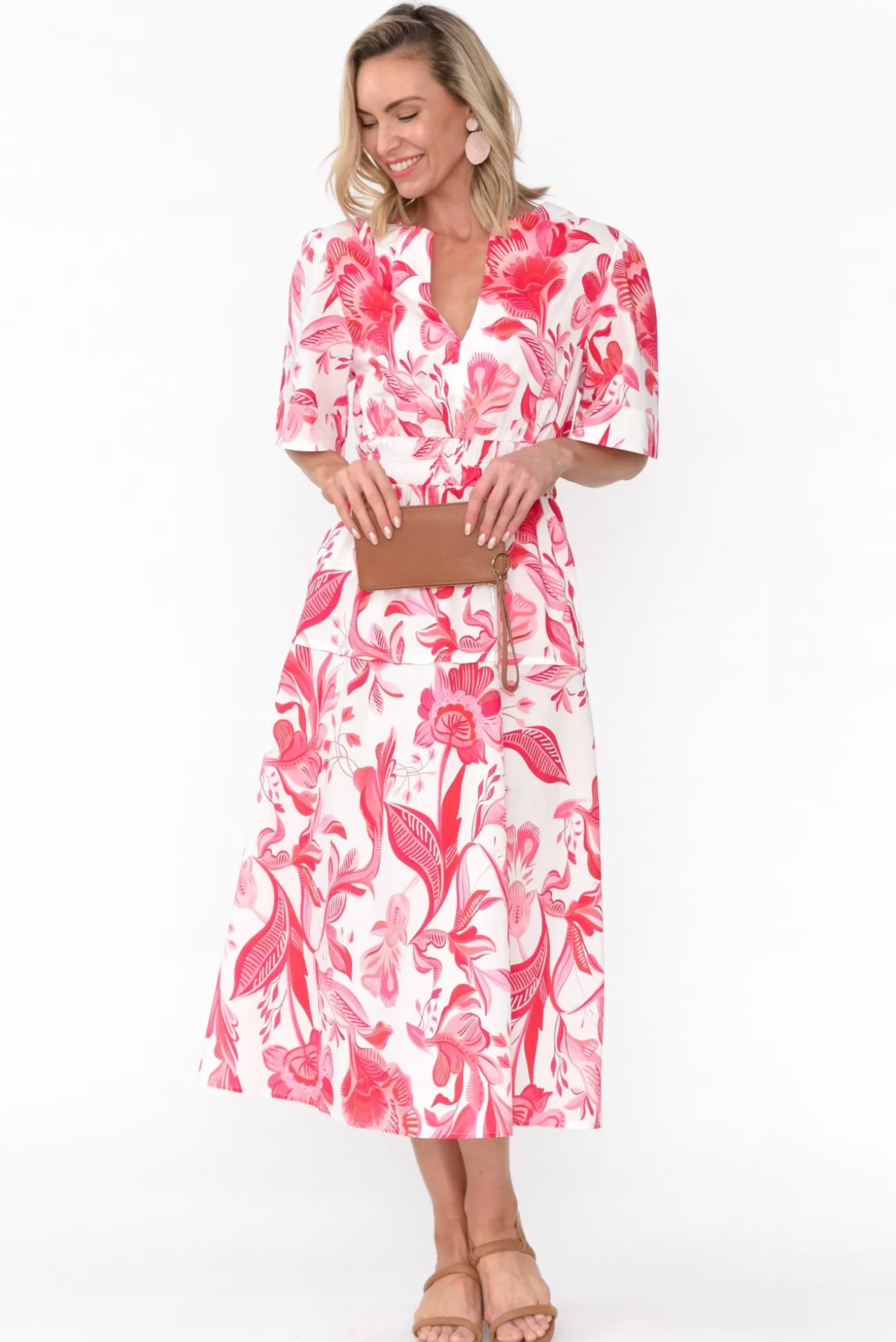 Liberty Rose Marinda Pink Floral Cotton V Neck Dress Online