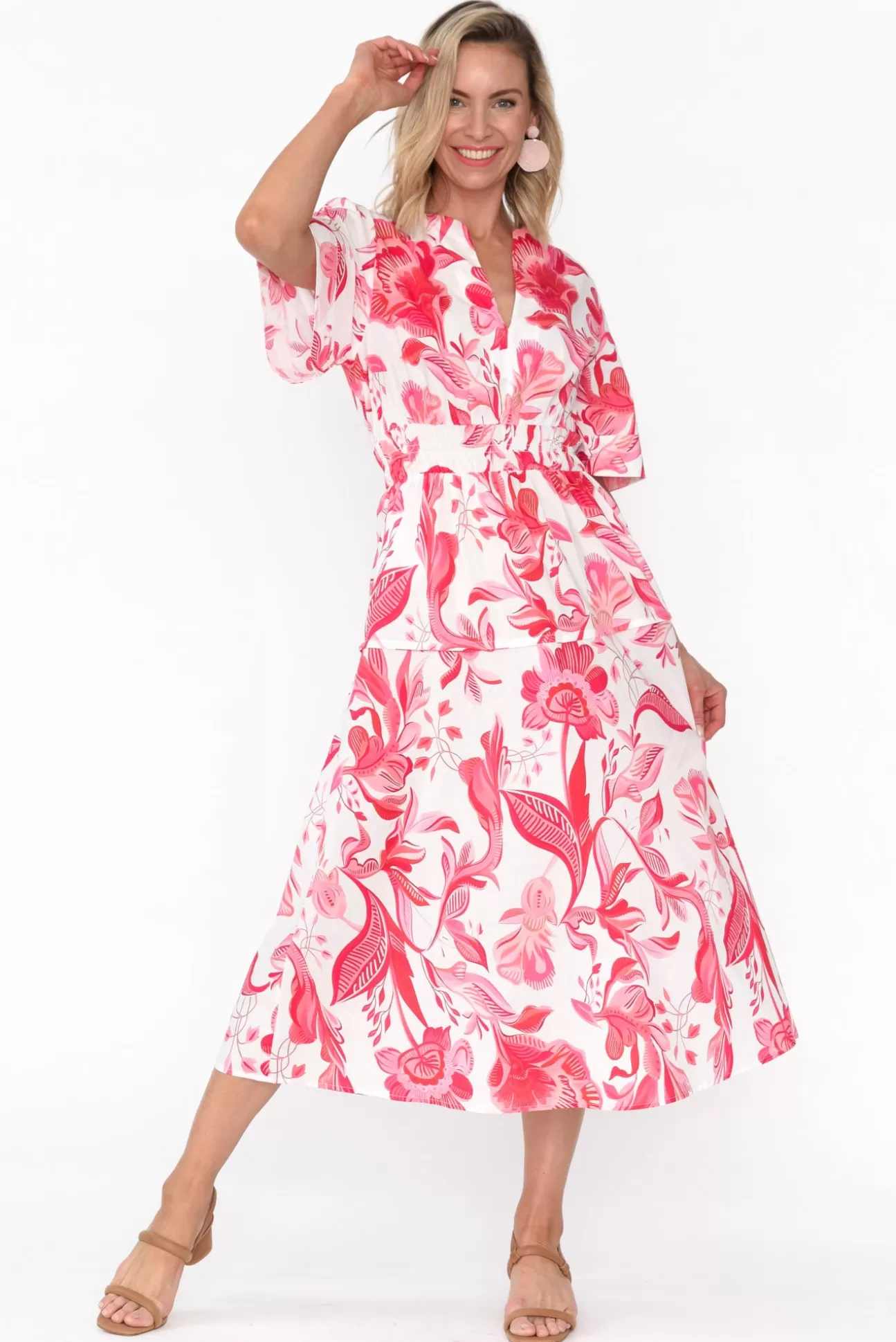 Liberty Rose Marinda Pink Floral Cotton V Neck Dress Online