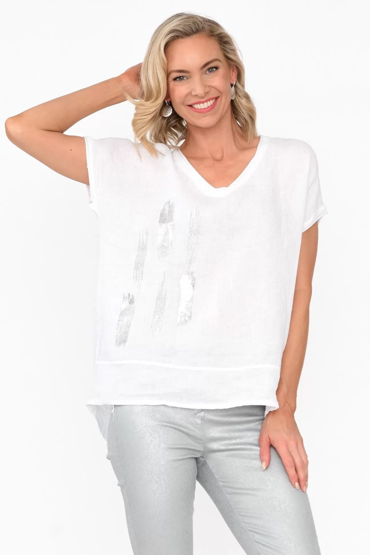 La Strada Markie White Foil Linen Top Discount