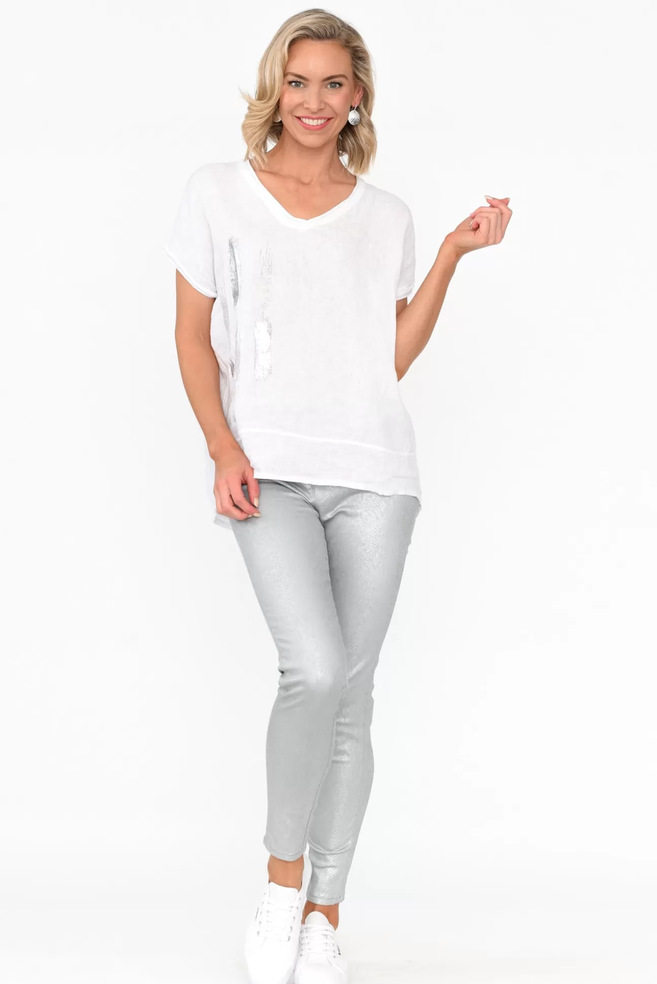 La Strada Markie White Foil Linen Top Discount