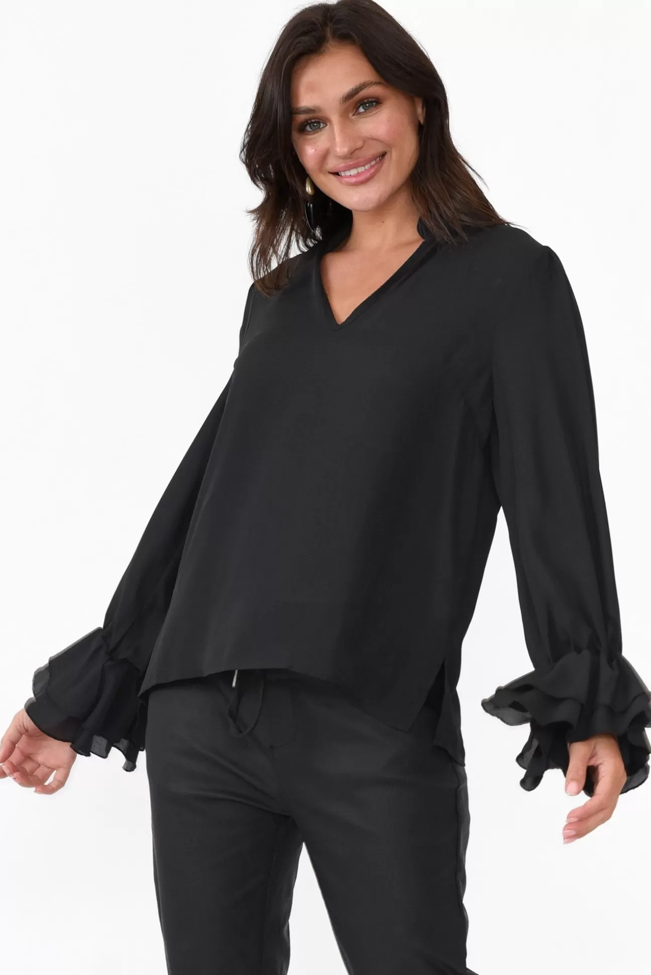 365 Days Martini Black Ruffle Sleeve Top Sale