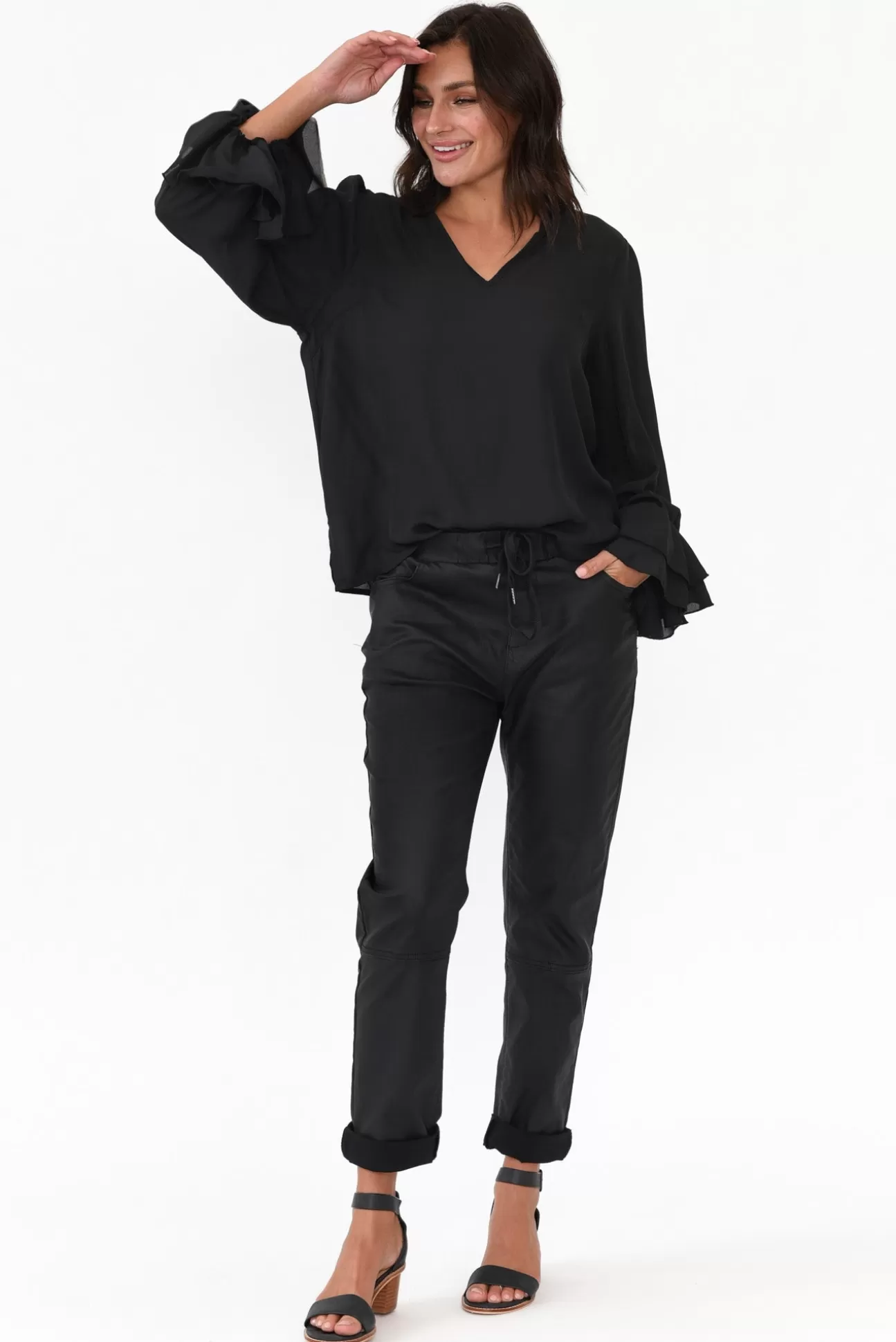 365 Days Martini Black Ruffle Sleeve Top Sale