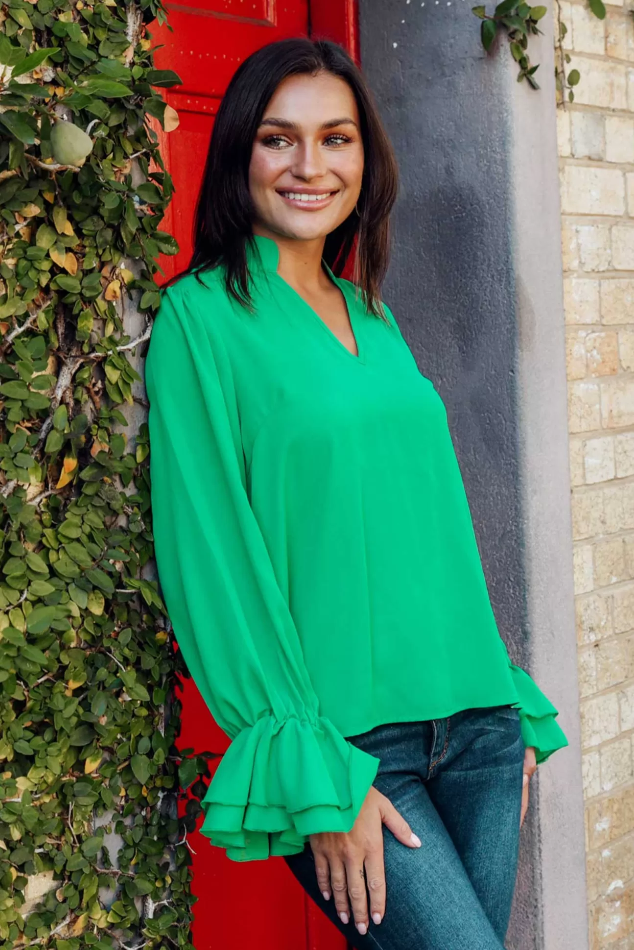 365 Days Martini Green Ruffle Sleeve Top Outlet