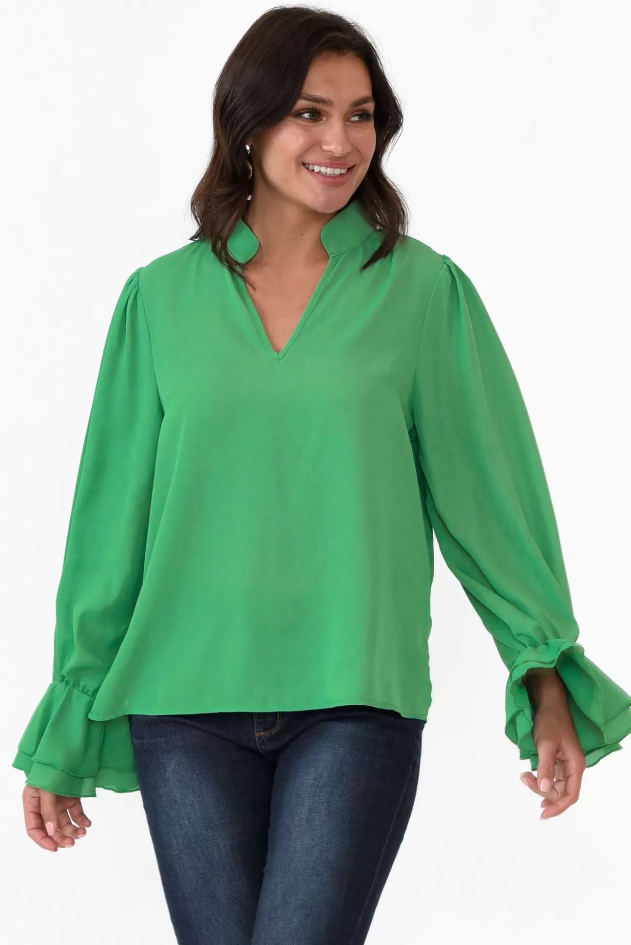 365 Days Martini Green Ruffle Sleeve Top Outlet