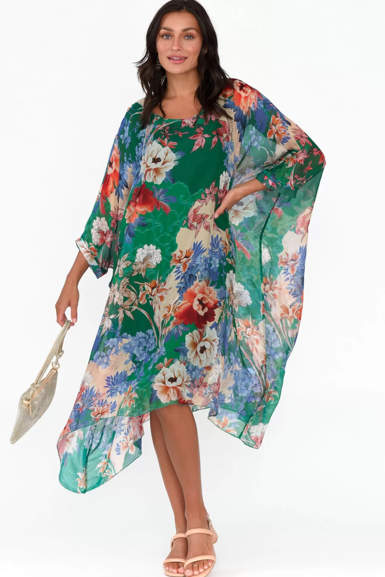 AE Luxe Marybeth Green Floral Silk Kaftan Store