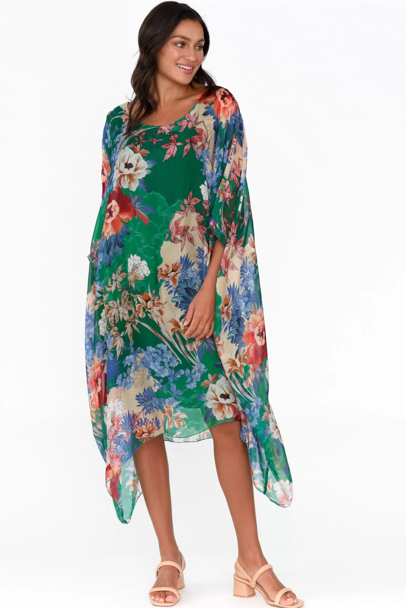 AE Luxe Marybeth Green Floral Silk Kaftan Store