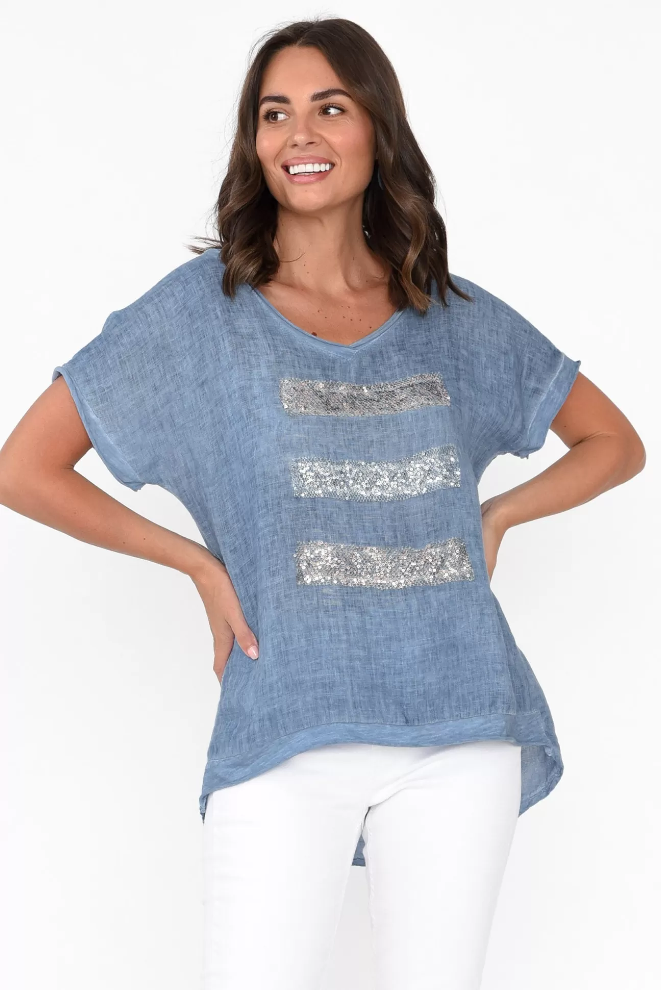 La Strada Maryellen Blue Sequin Linen Top Clearance