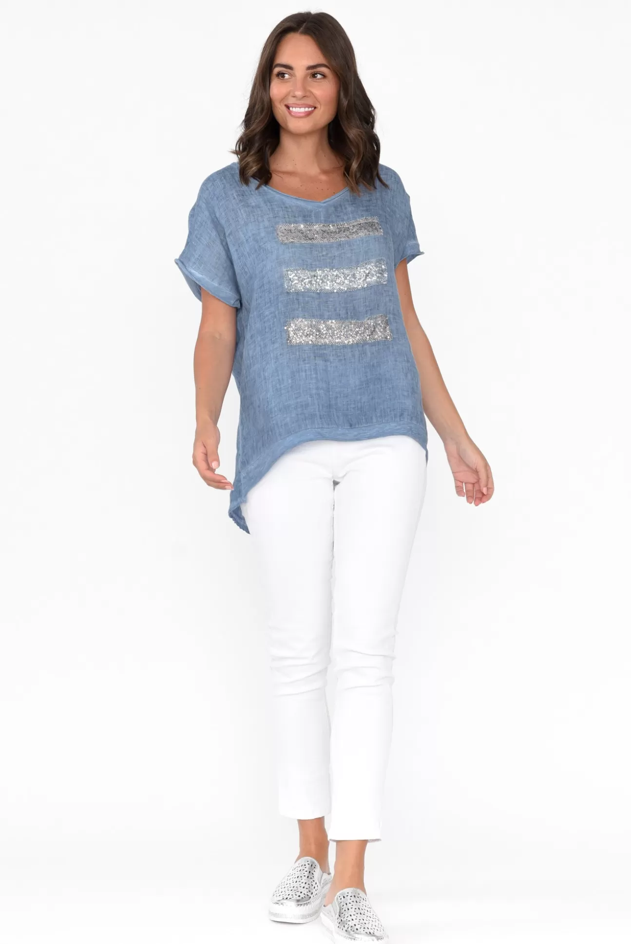 La Strada Maryellen Blue Sequin Linen Top Clearance