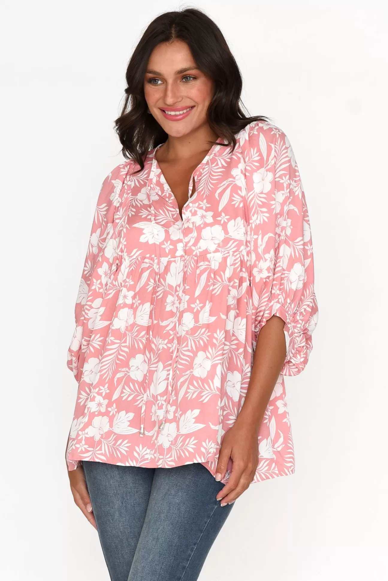 New U Collection Marylee Pink Garden Gathered Top Flash Sale