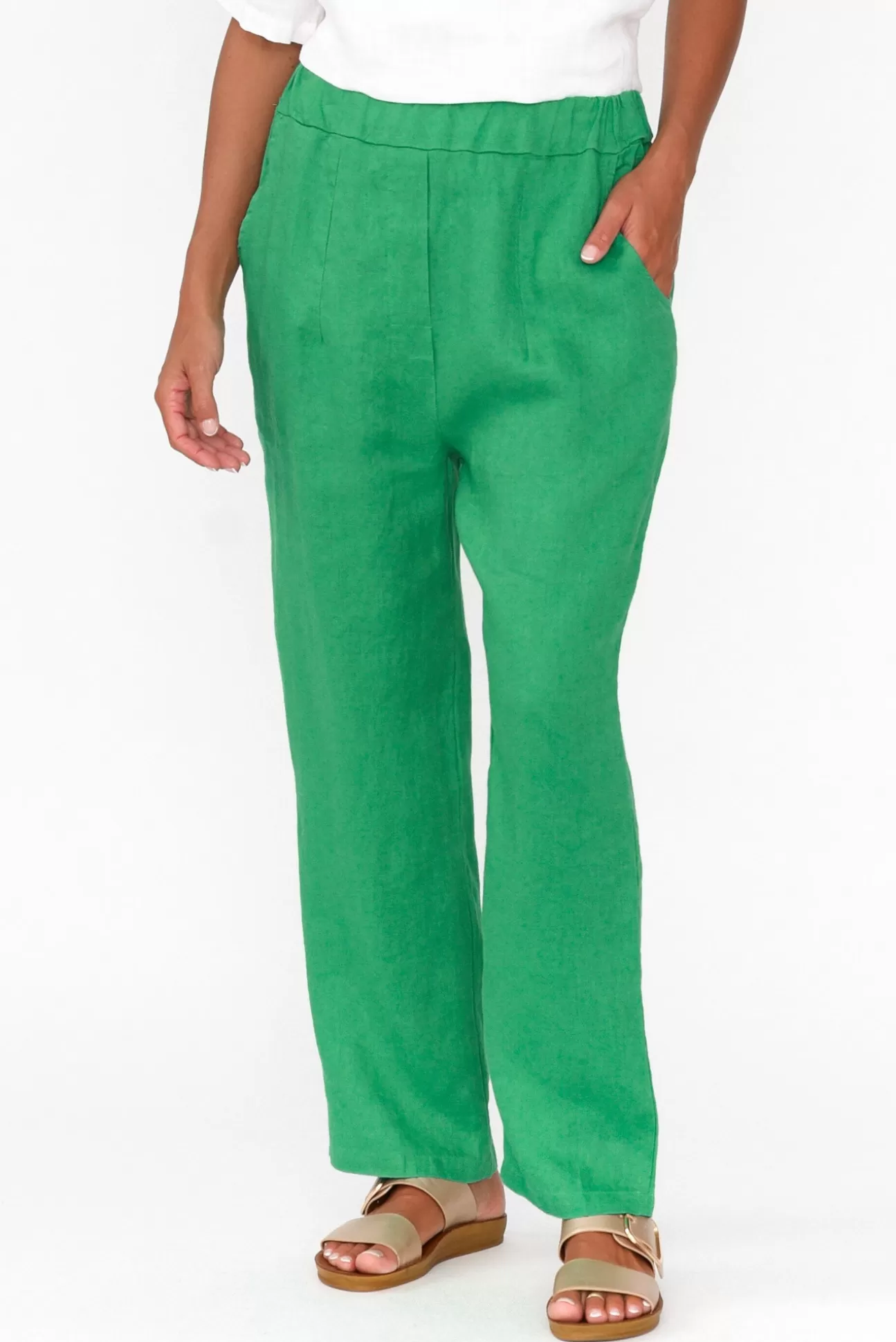 Cali and Co Marylou Green Linen Pocket Pant Clearance