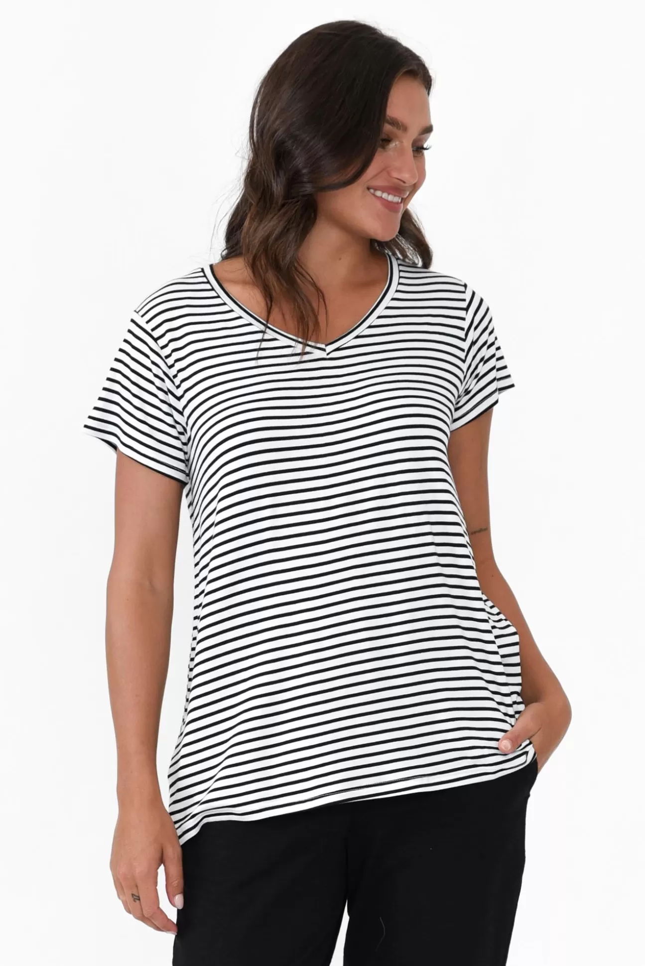 Betty Basics Matilda Black Stripe V Neck Tee Cheap