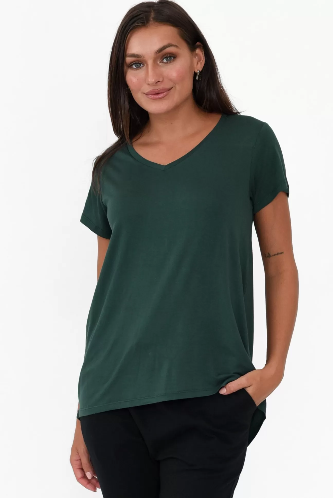 Betty Basics Matilda Forest Green V Neck Tee Sale