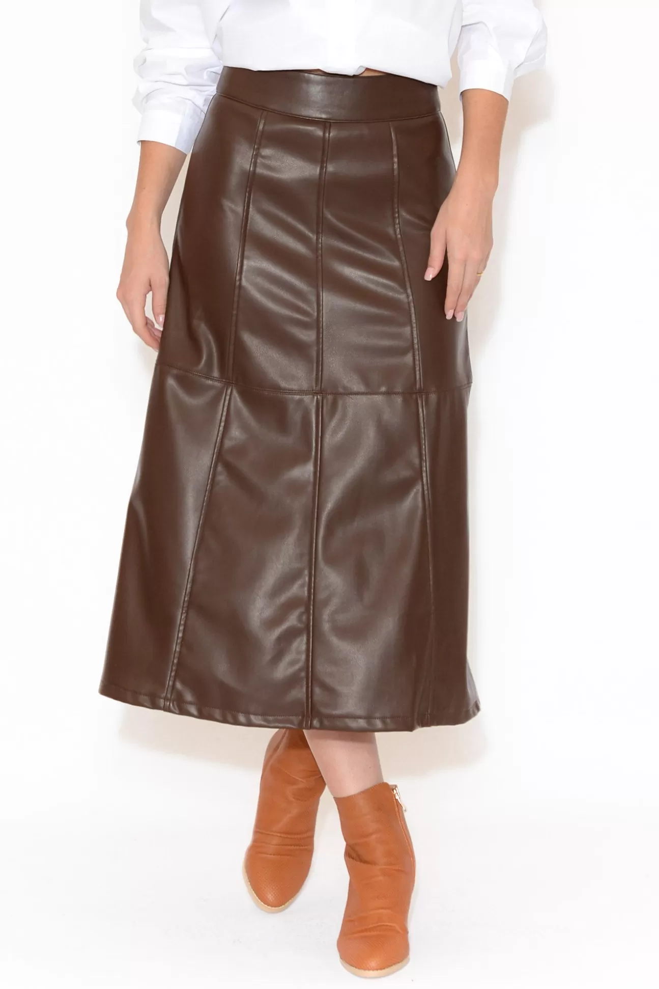 Brave u0026 True Matrix Chocolate Faux Leather Midi Skirt Flash Sale