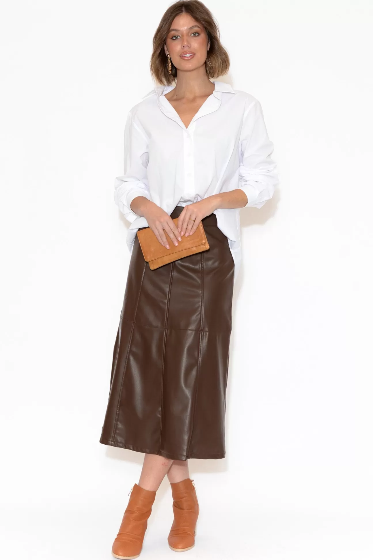 Brave u0026 True Matrix Chocolate Faux Leather Midi Skirt Flash Sale