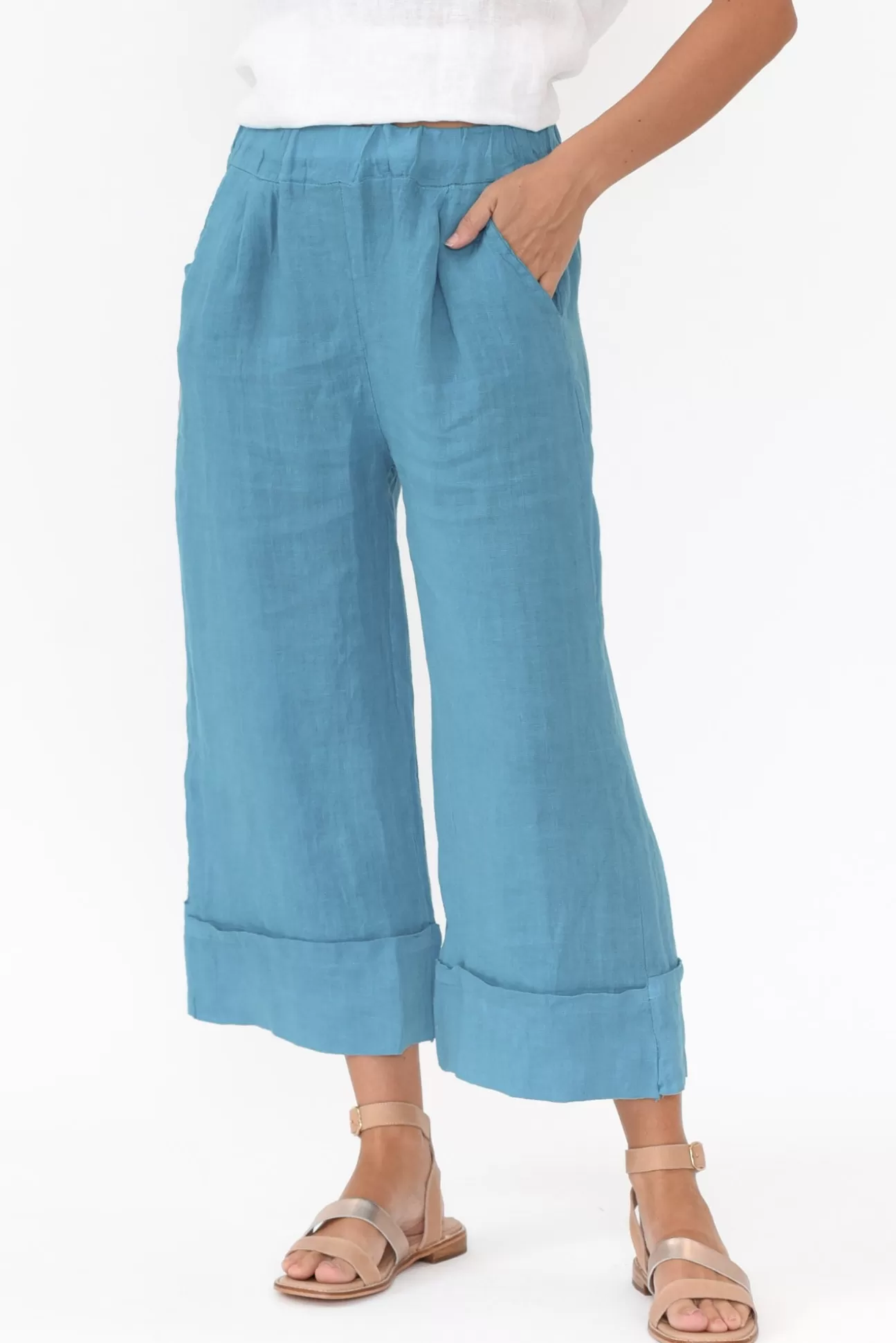 Donna Donna Matteo Blue Linen Wide Leg Pant Shop