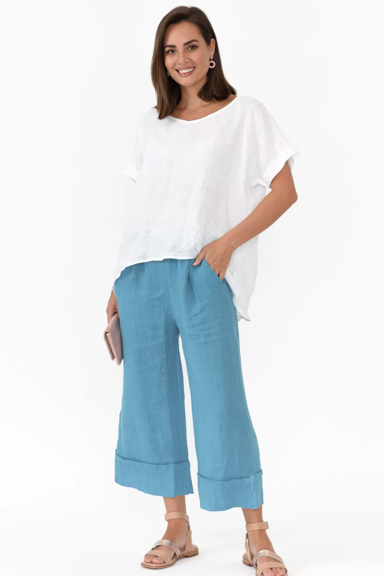 Donna Donna Matteo Blue Linen Wide Leg Pant Shop