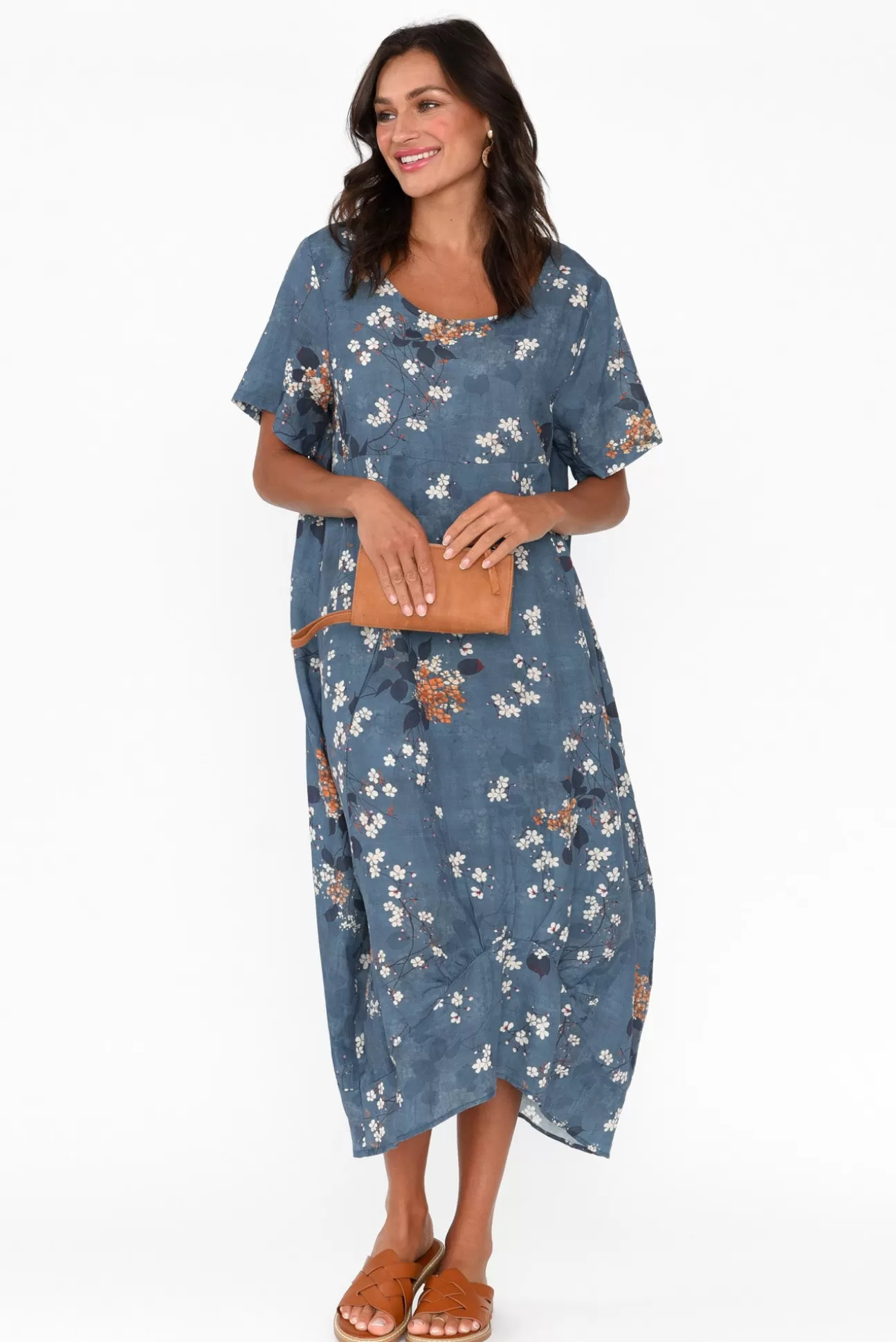 Cali and Co Mattie Blue Floral Linen Dress Hot