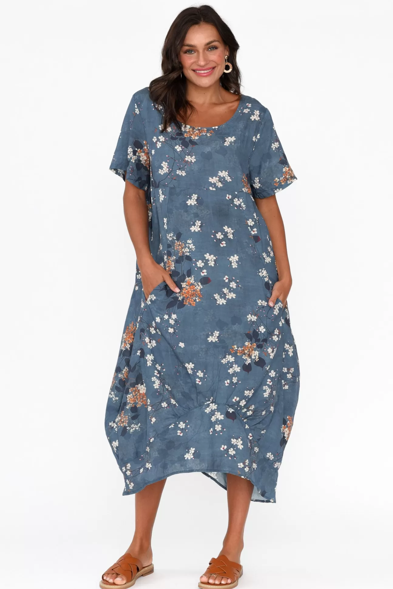 Cali and Co Mattie Blue Floral Linen Dress Hot