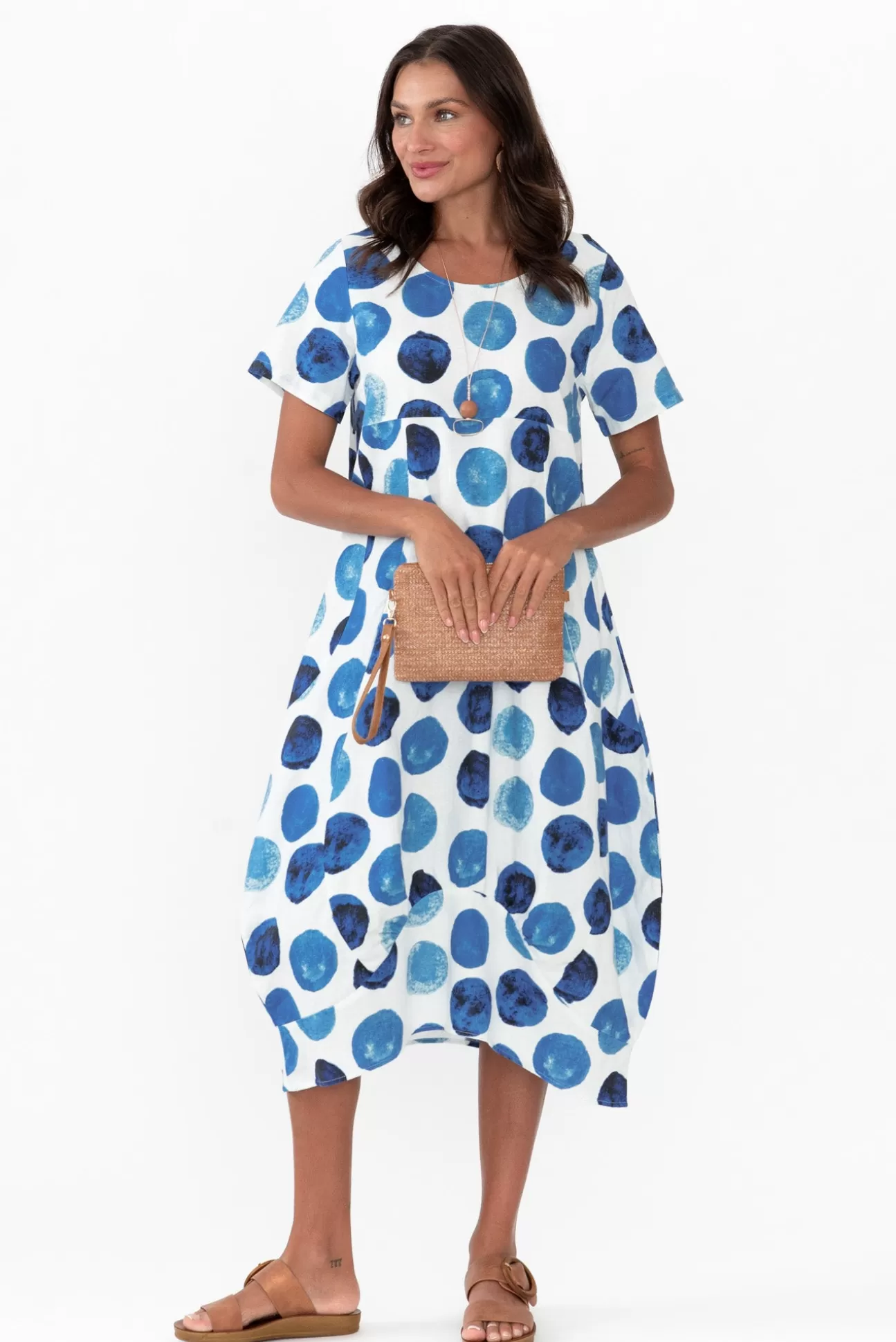 Cali and Co Mattie Blue Spot Linen Dress Best Sale