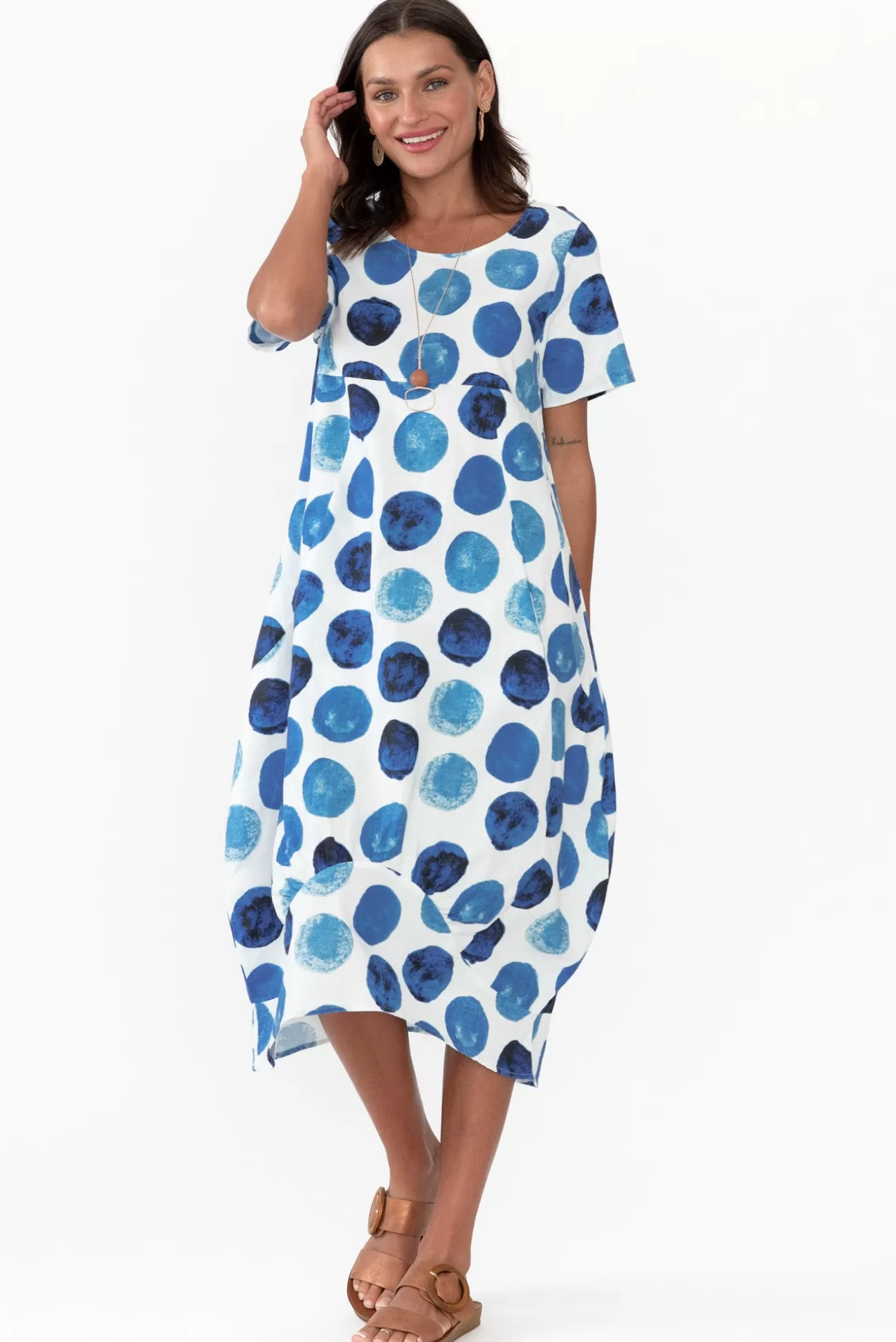 Cali and Co Mattie Blue Spot Linen Dress Best Sale