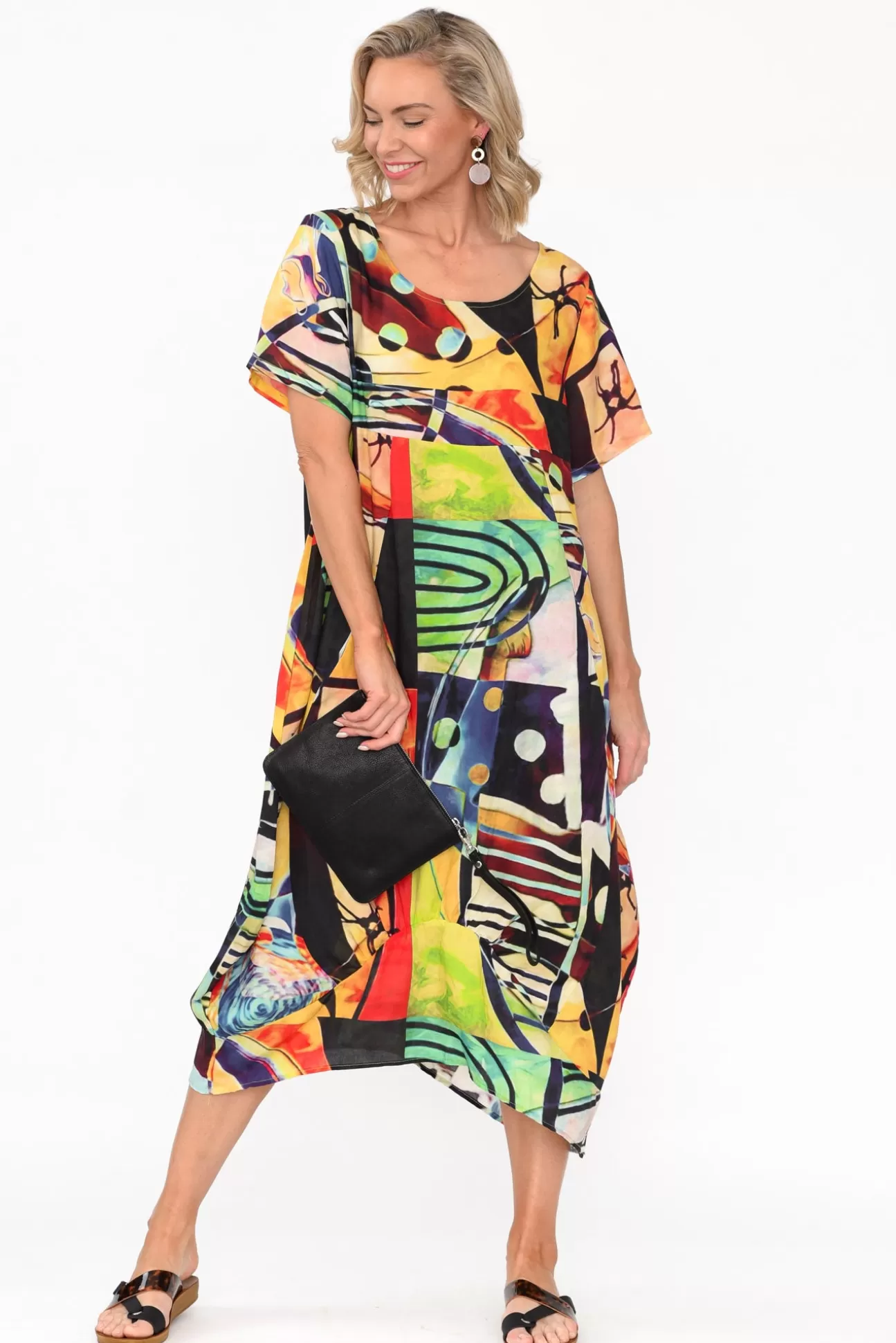 Cali and Co Mattie Green Abstract Linen Dress Flash Sale