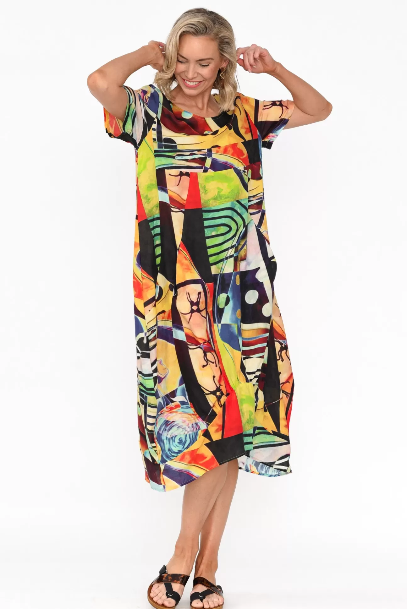 Cali and Co Mattie Green Abstract Linen Dress Flash Sale