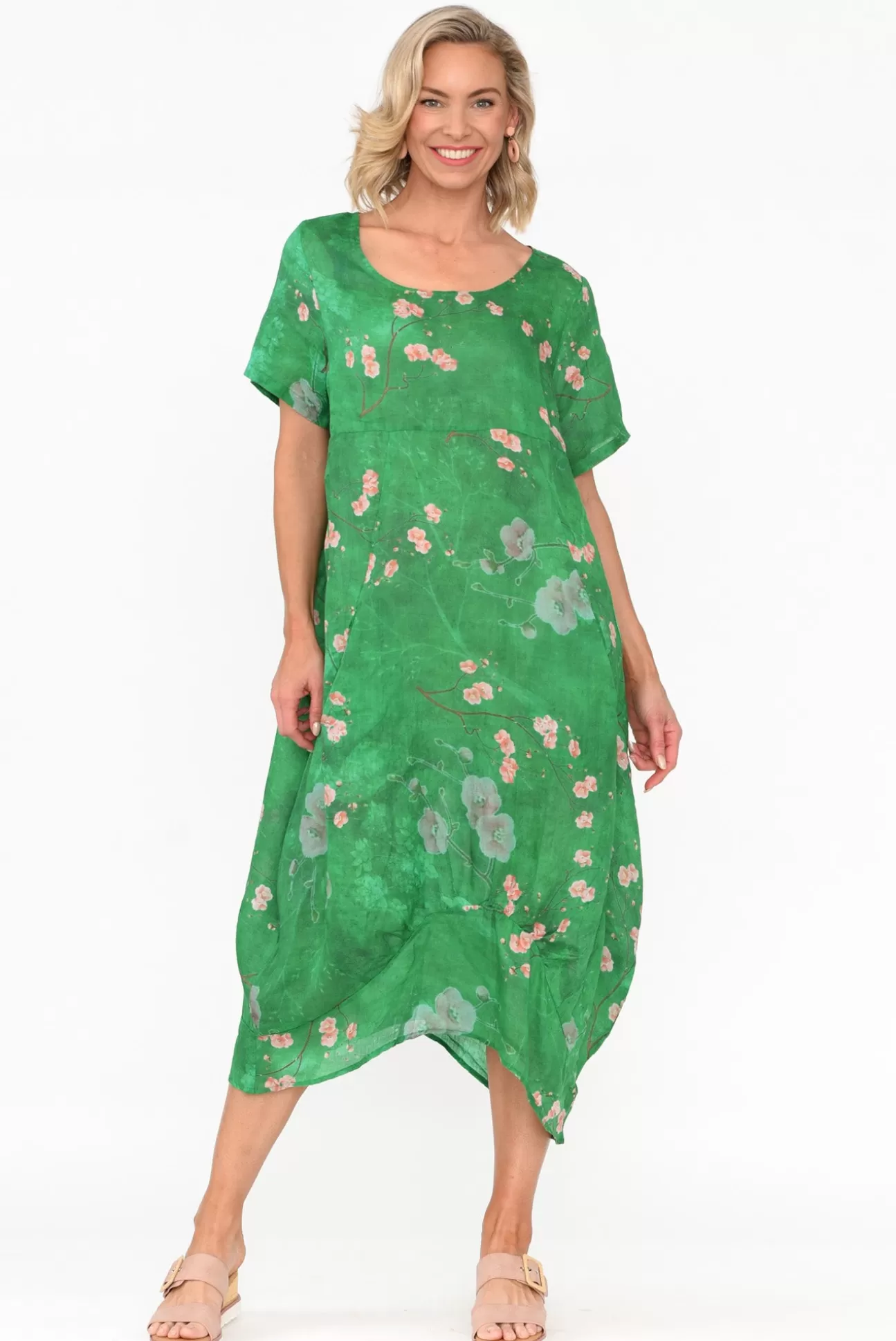 Cali and Co Mattie Green Blossom Linen Dress Sale