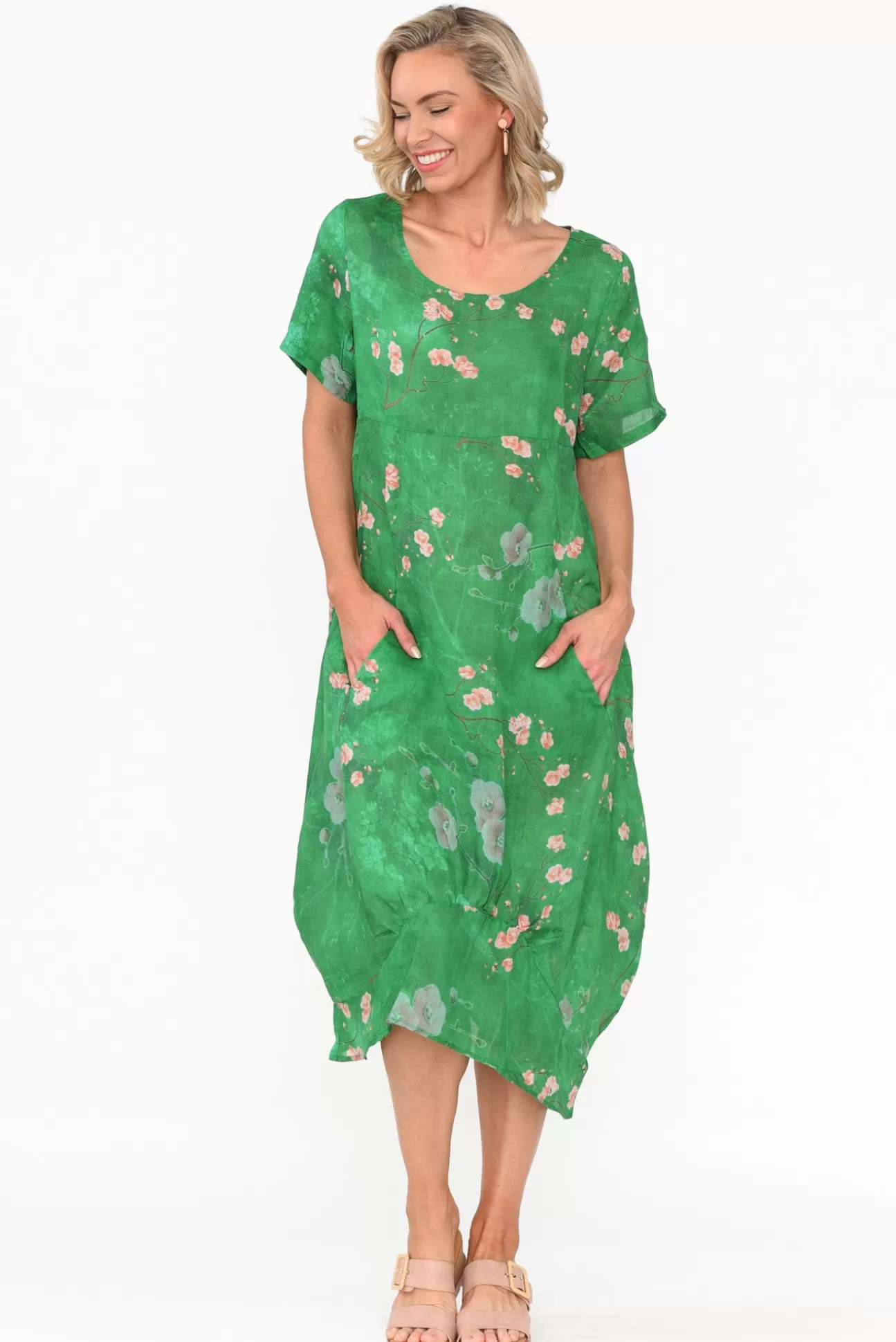 Cali and Co Mattie Green Blossom Linen Dress Sale