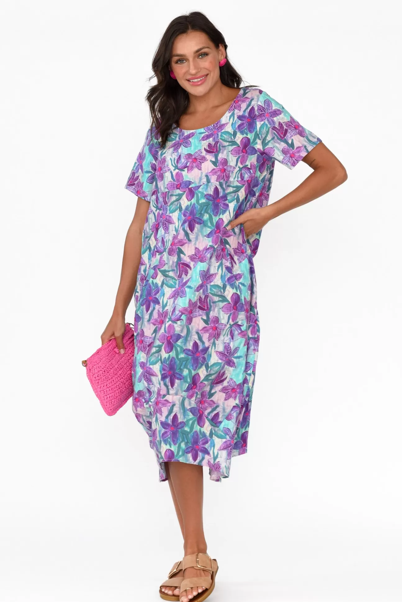 Cali and Co Mattie Purple Flower Linen Dress Outlet